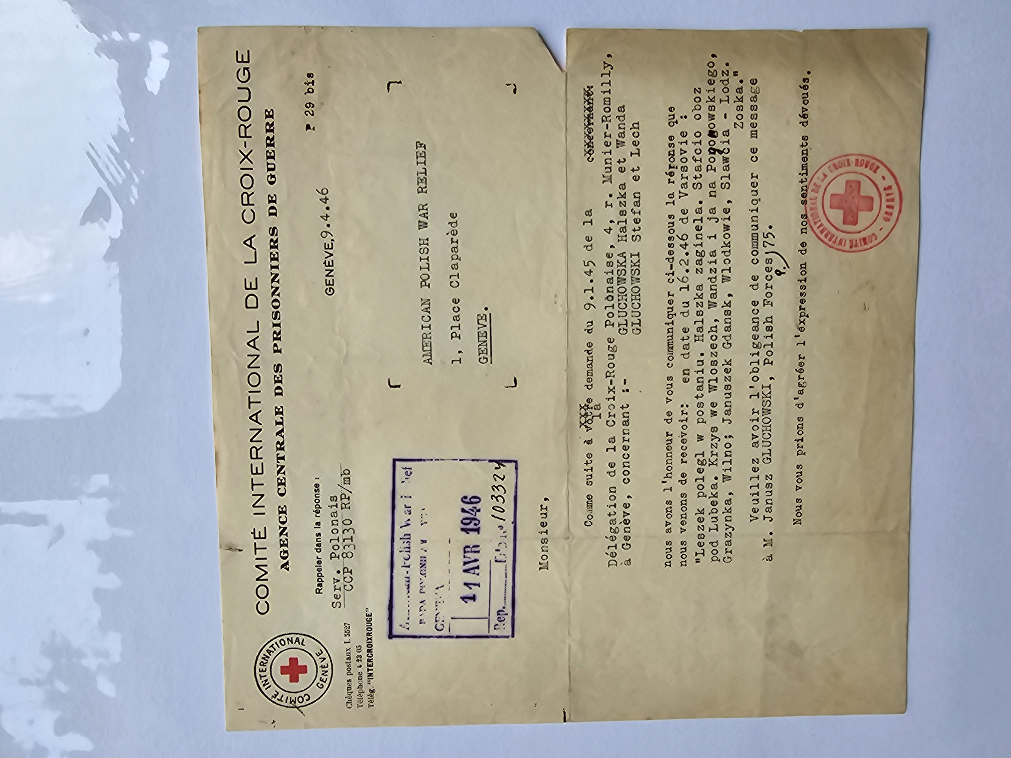List Międzynarodowego Komitetu Czerwonego Krzyża do American Polish War Relief — losy rodziny Głuchowskich (Genewa, 9.IV.1946)