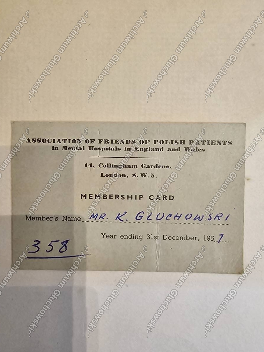 Legitymacja — Association of Friends of Polish Patients in Mental Hospitals in England and Wales, Nr 358, MR. K. GŁUCHOWSKI, Londyn 1957