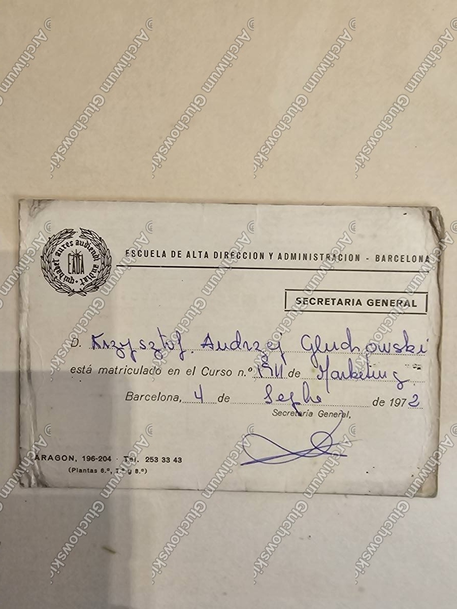 Karta matrykulacyjna EADA Barcelona — Krzysztof Andrzej Głuchowski, Kurs III Marketingu, 4.IX.1972