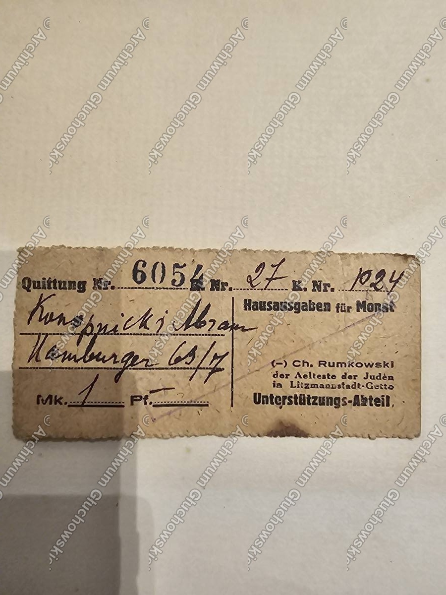 Quittung Nr. 6054 — pokwitowanie zapomogi dla Abrama Knopnickiego, getto Łódź (Litzmannstadt), podpis Ch. Rumkowskiego