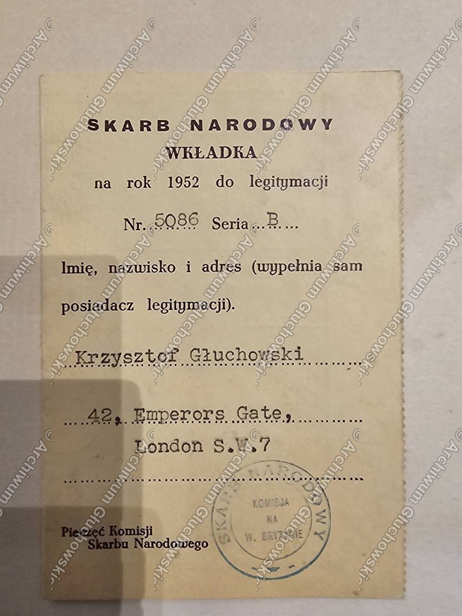 Skarb Narodowy — wkładka na rok 1952, Krzysztof Głuchowski, 42 Emperors Gate, Londyn