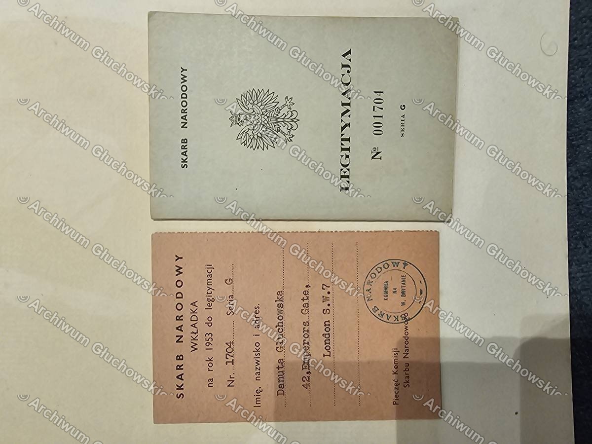 Skarb Narodowy — legitymacja Nr 001704 + wkładka 1953: DANUTA GŁUCHOWSKA, 42 Emperors Gate — żona Krzysztofa