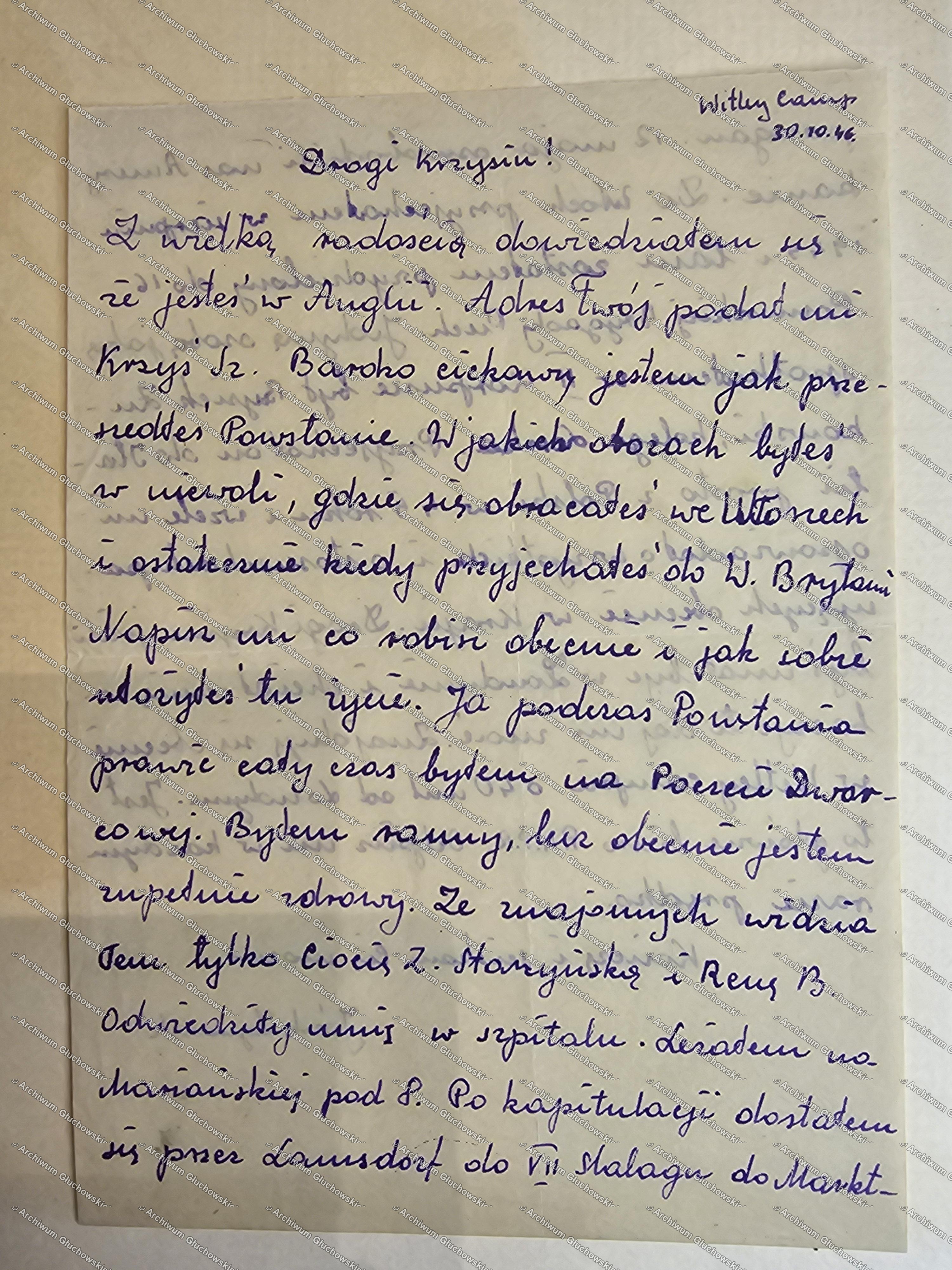 List Józka Szymczaka z Witley Camp — powstaniec z Powązek Dworcowych