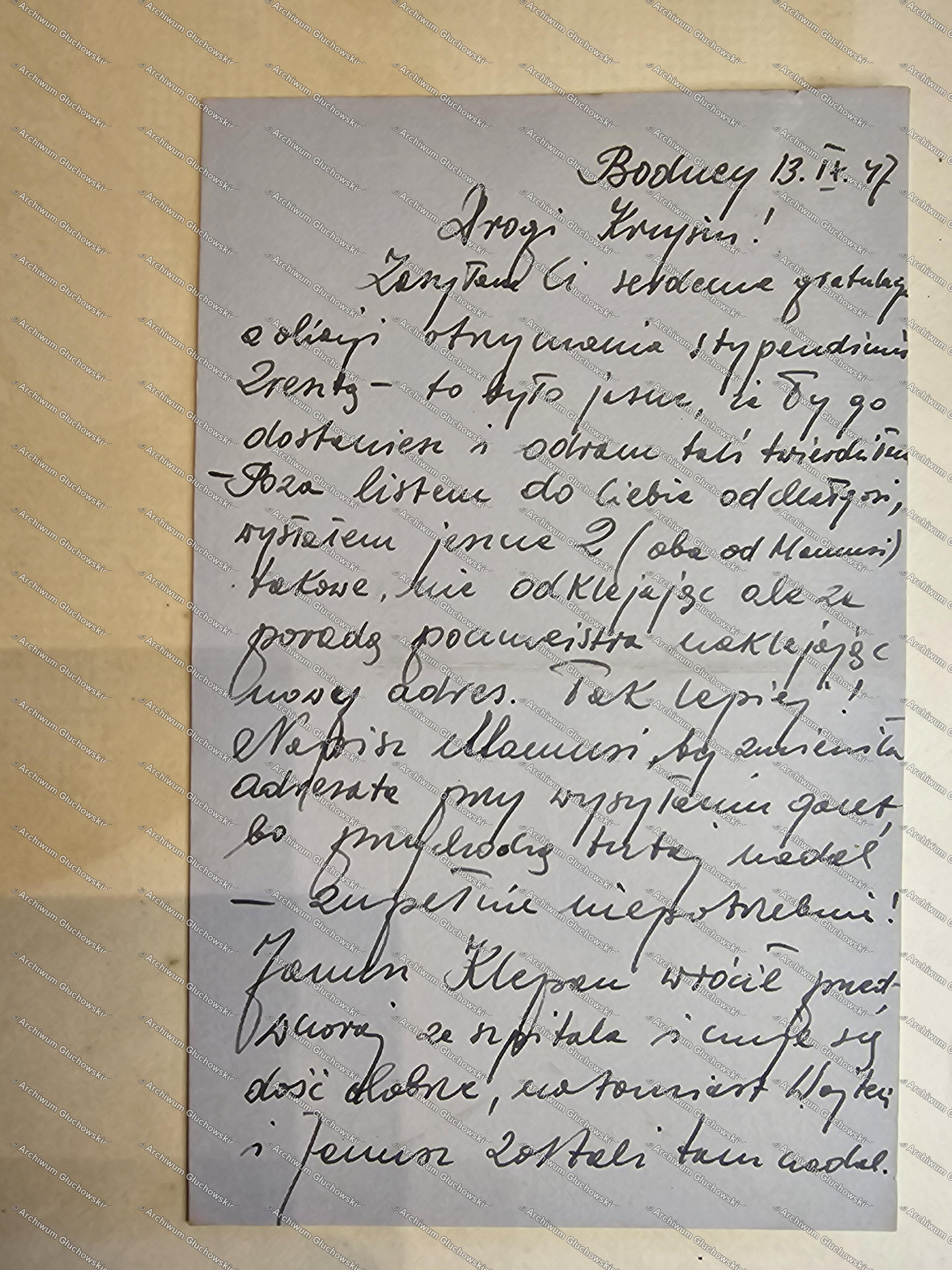List pośrednika z Bodney (II) — stypendium Erentz, kondolencje/gratulacje