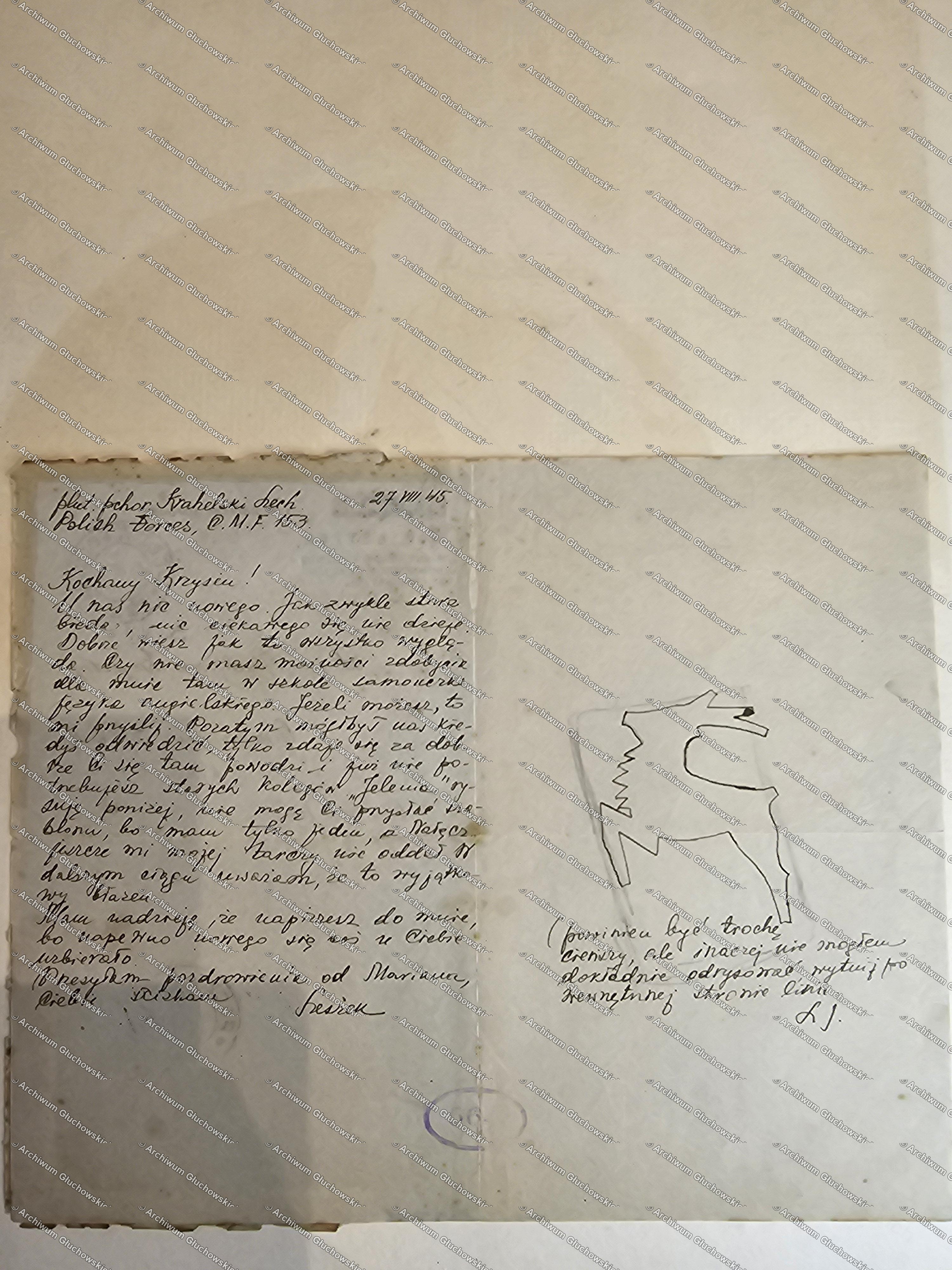 List Krahelskiego z RYSUNKIEM JELENIA — symbol 7 P.Uł. Lubelskich