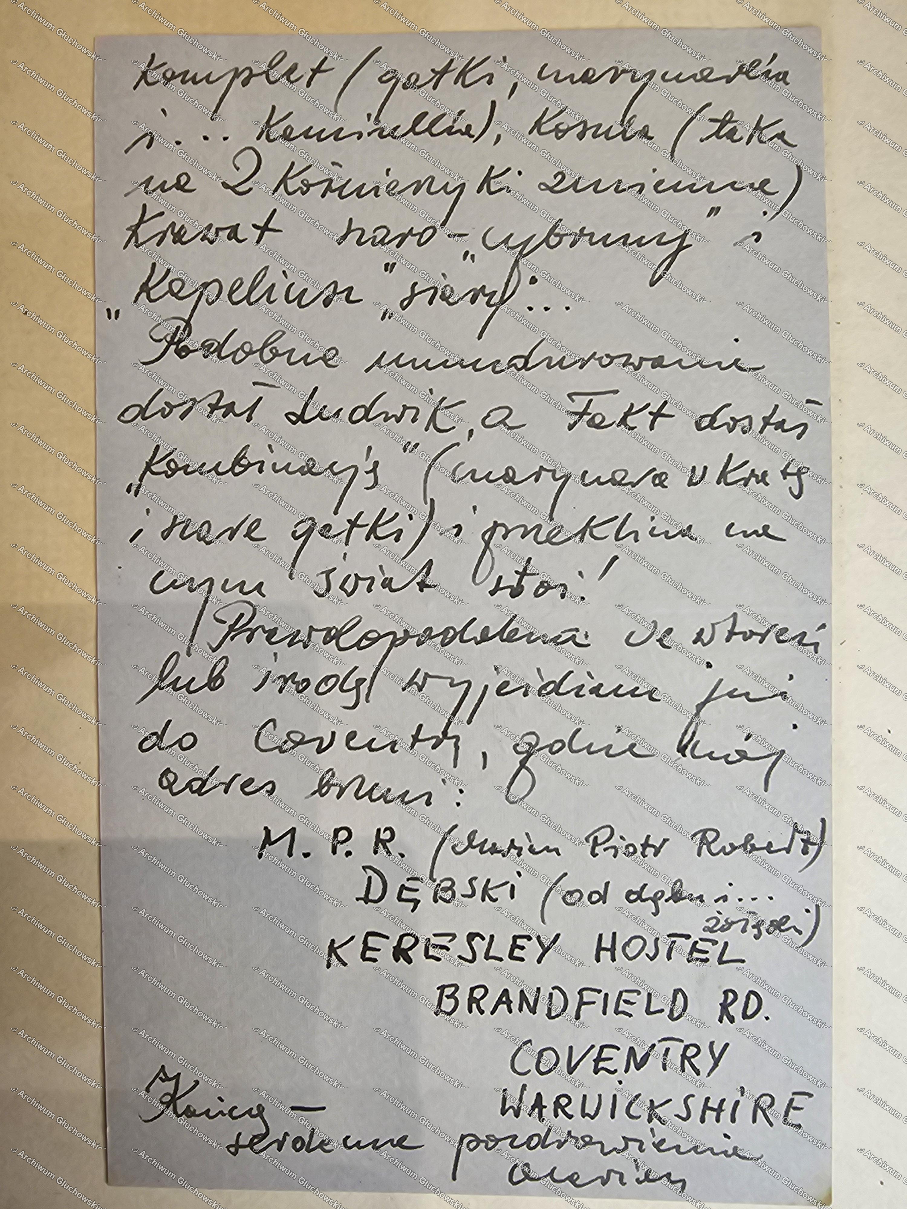 List Dębskiego 'Koniusia' — mundury, adres Keresley Hostel