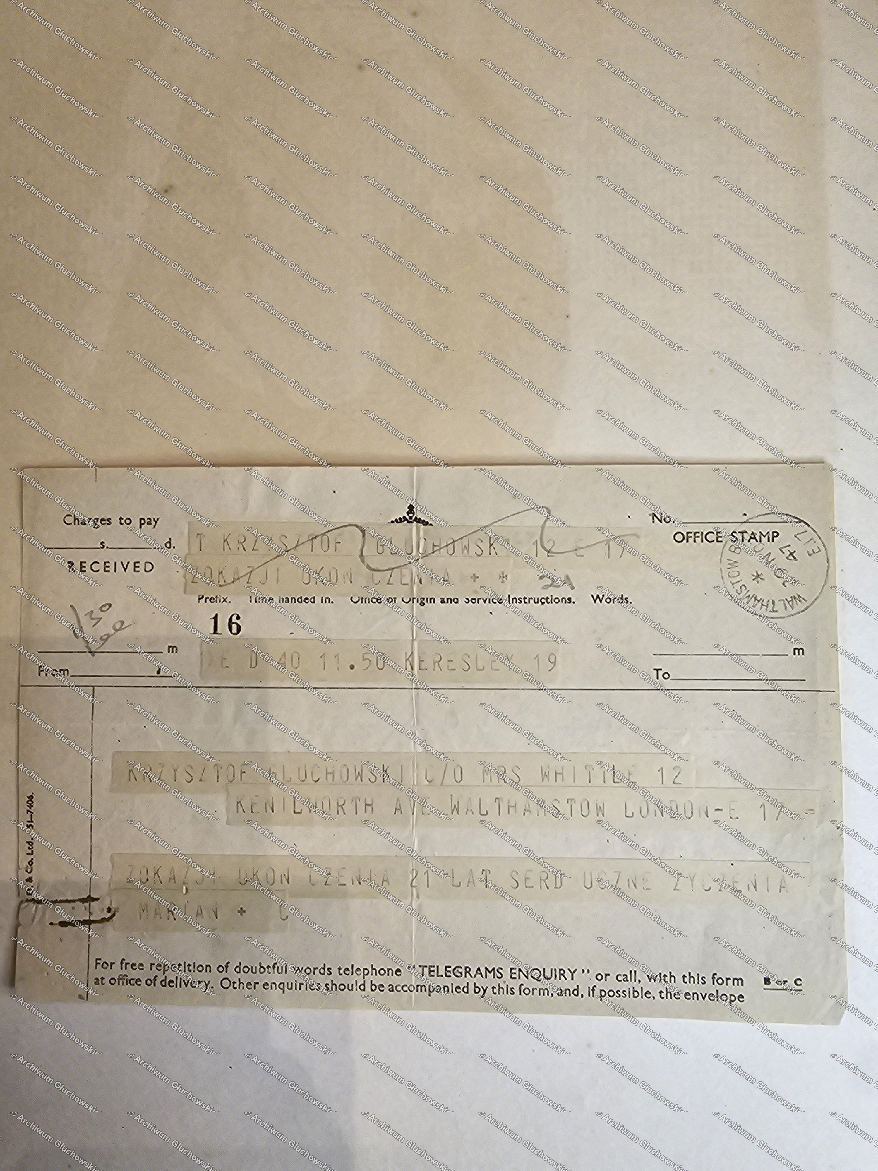 TELEGRAM na 21. urodziny Krzysztofa — Marian + C, Keresley/Walthamstow