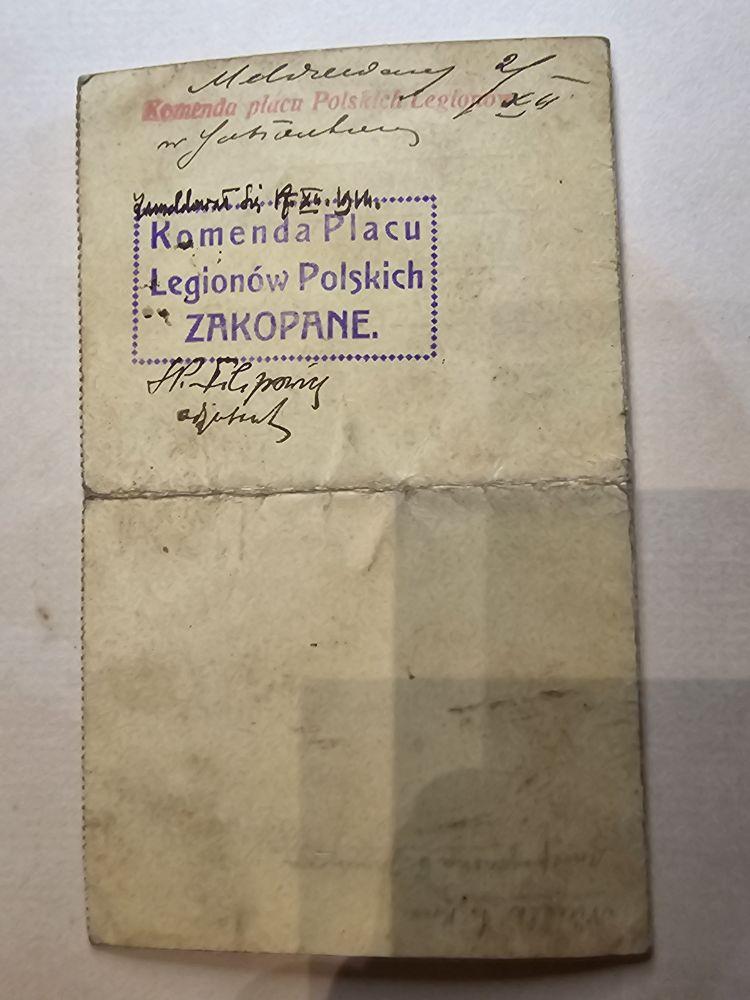 Legitymacja legionowa — Komenda Placu Legionów Polskich w Zakopanem