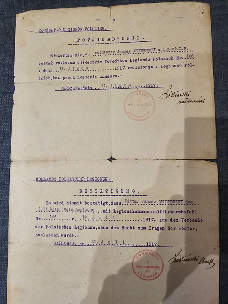 Potwierdzenie zwolnienia z Legionów Polskich — dwujęzyczne PL/DE, Jarosław 1917, podpis płk. Kisielińskiego