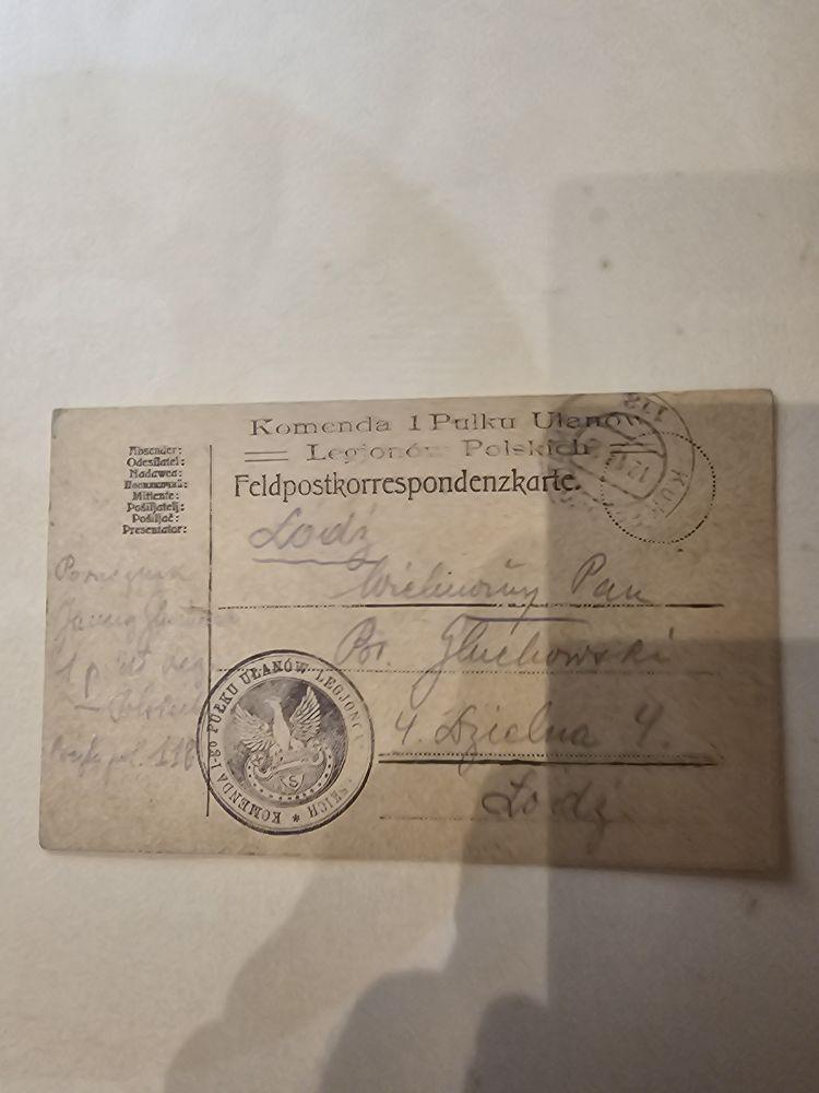 Feldpostkorrespondenzkarte — pocztówka polowa z pieczęcią I Pułku Ułanów Legionów Polskich, do ojca Mariana w Łodzi