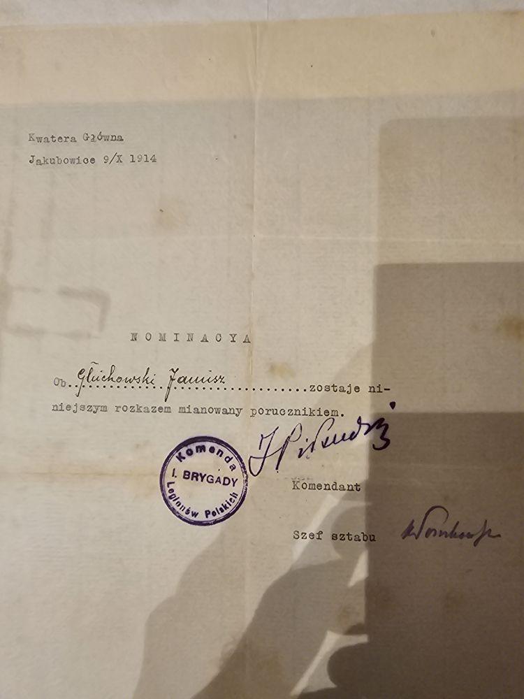 NOMINACJA NA PORUCZNIKA — podpis Józefa Piłsudskiego i Kazimierza Sosnkowskiego, Jakubowice 9.X.1914