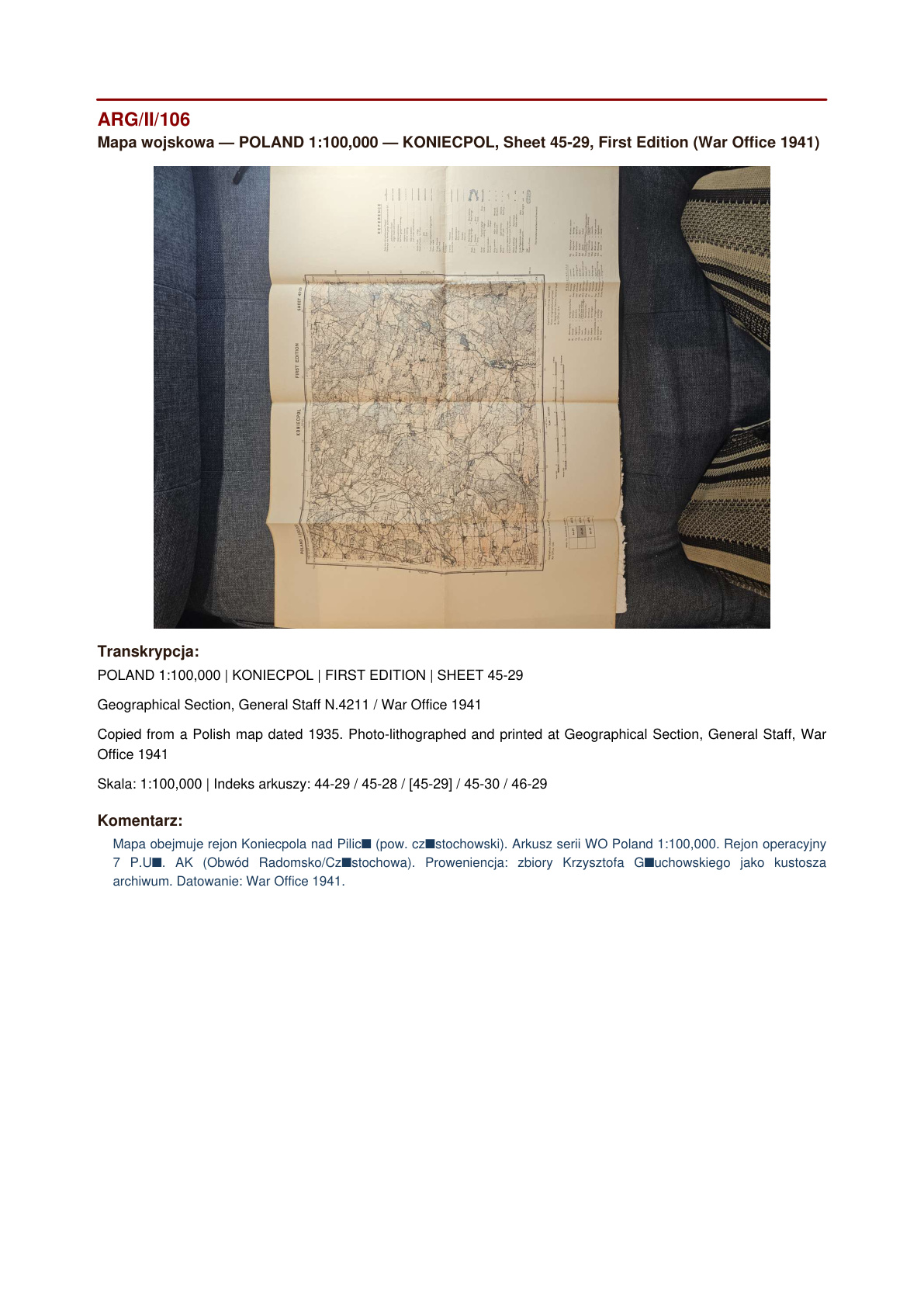 ★★★★ Mapa wojskowa POLAND 1:100,000 KONIECPOL Sheet 45-29 (War Office, Londyn 1941)