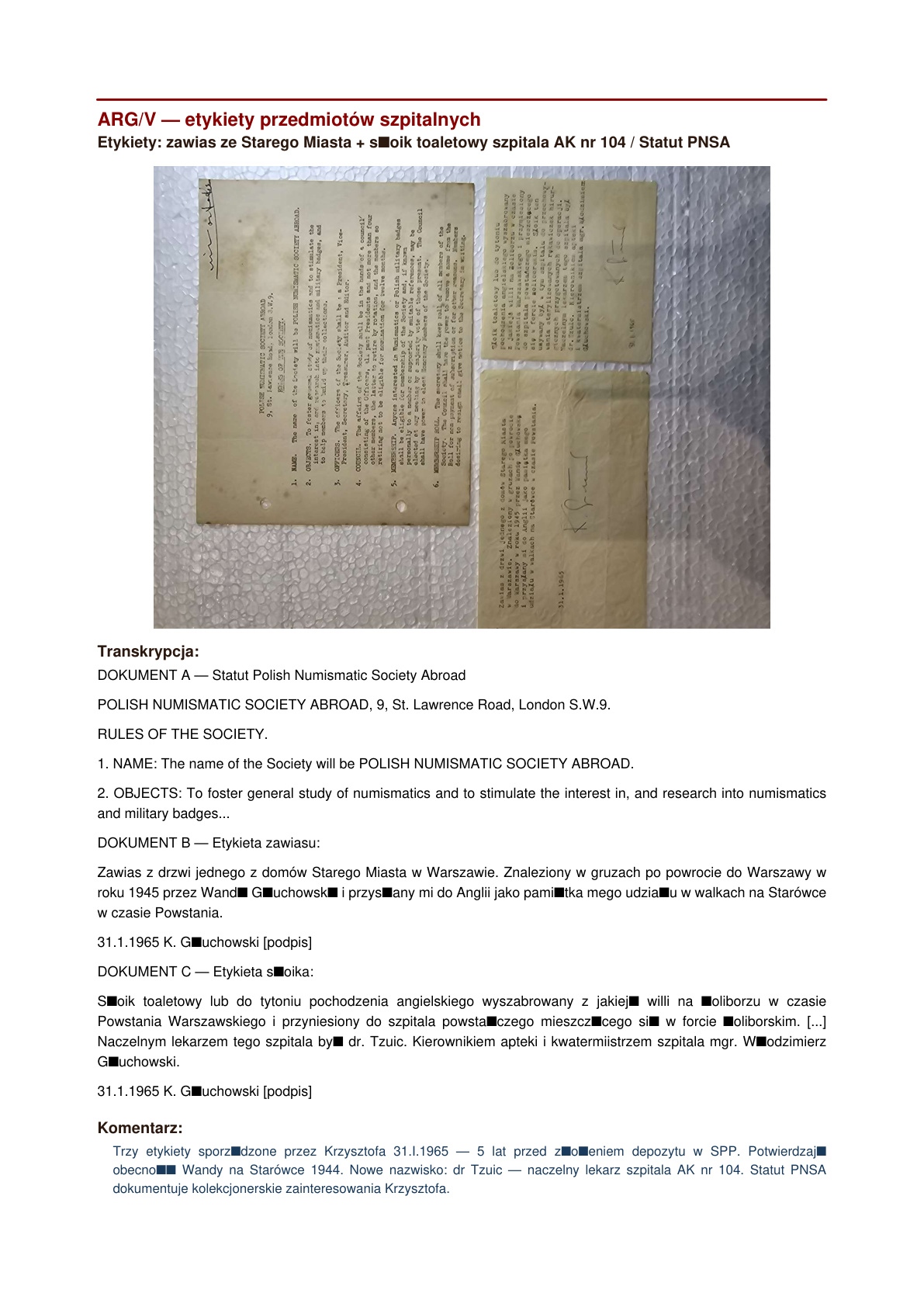 Etykiety przedmiotów szpitalnych AK 104 + Statut Polish Numismatic Society Abroad