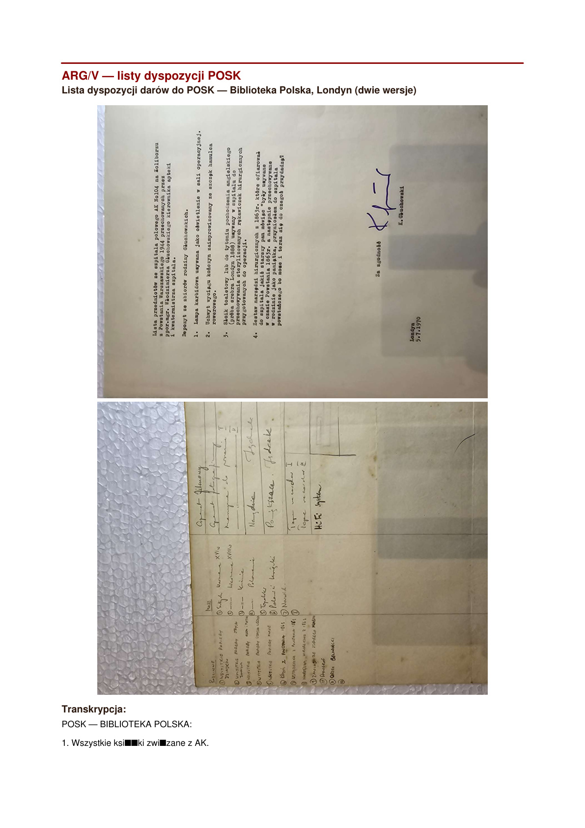 Lista dyspozycji darów do POSK Biblioteka Polska Londyn — Krzysztof, pocz. lat 1970