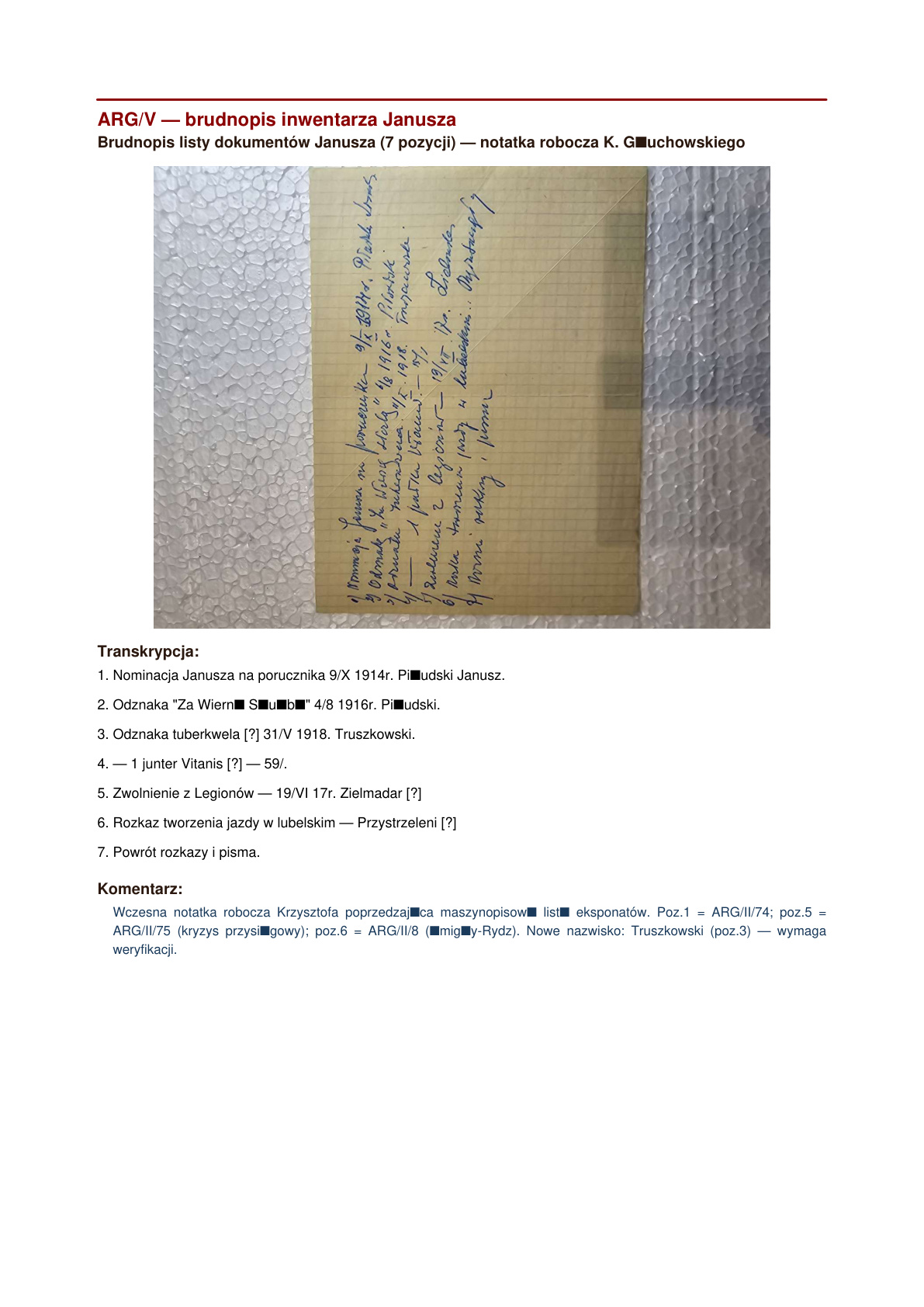 Brudnopis inwentarza dokumentów gen. Janusza — 7 pozycji roboczych, Krzysztof, ok. 1970