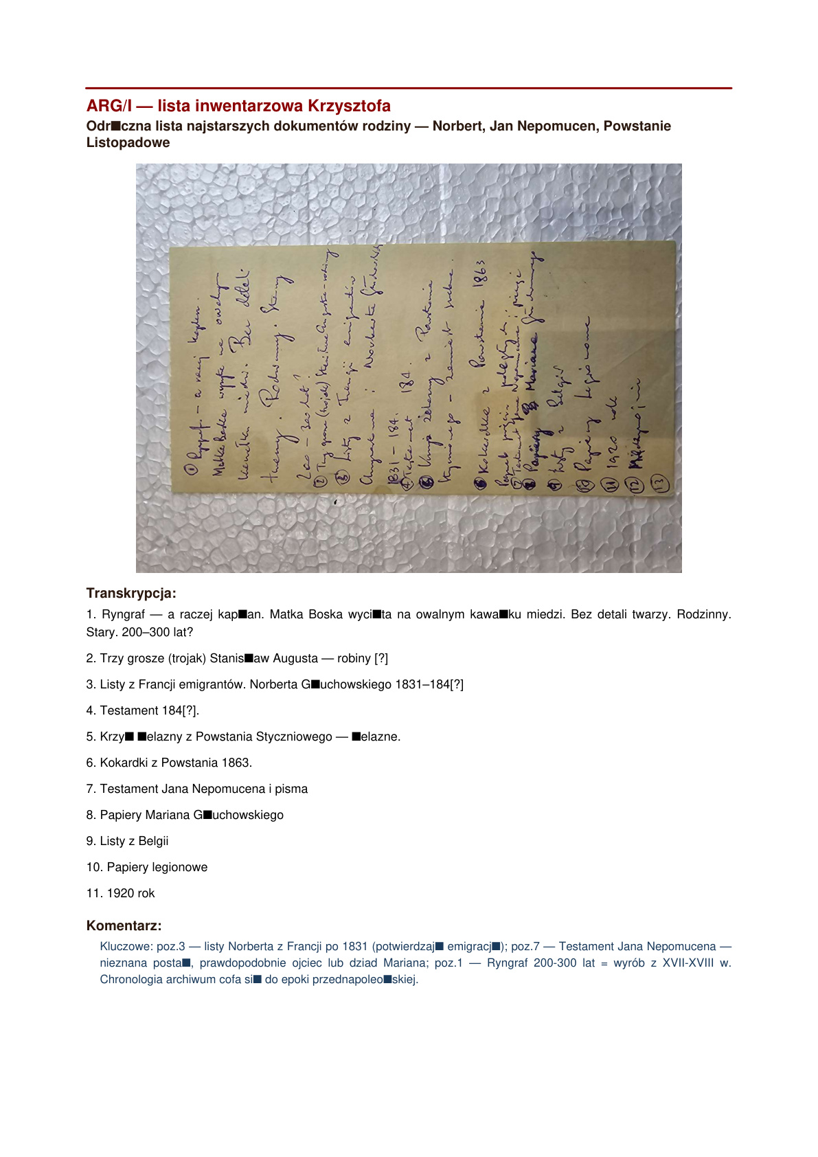 Lista najstarszych dokumentów rodziny Głuchowskich — ryngraf XVII w., listy Norberta 1831, testament Jana Nepomucena