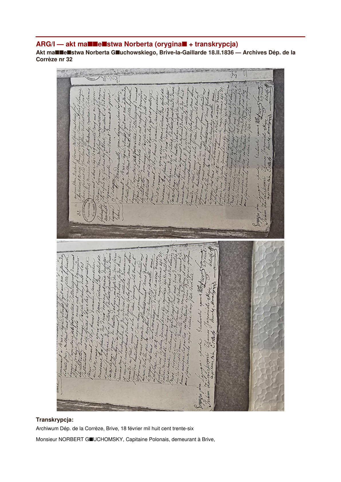 ★★★★★ Akt małżeństwa Norbert Głuchowski × Anne Zulma Lajugie, Brive-la-Gaillarde 18.II.1836 (oryginał fr.)