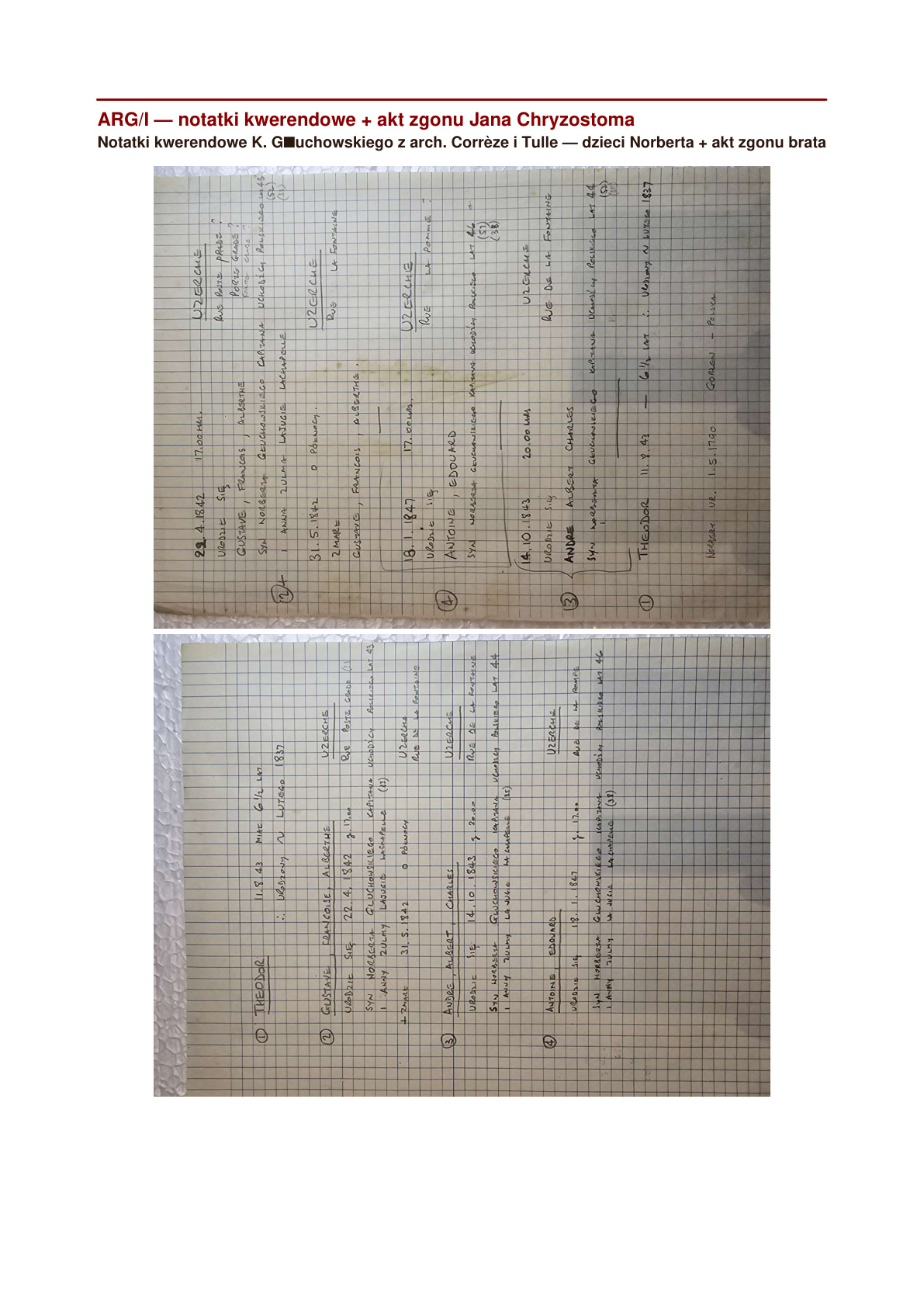 Notatki kwerendowe Krzysztofa z arch. Corrèze i Tulle — badania genealogii Norberta, ok. 1960