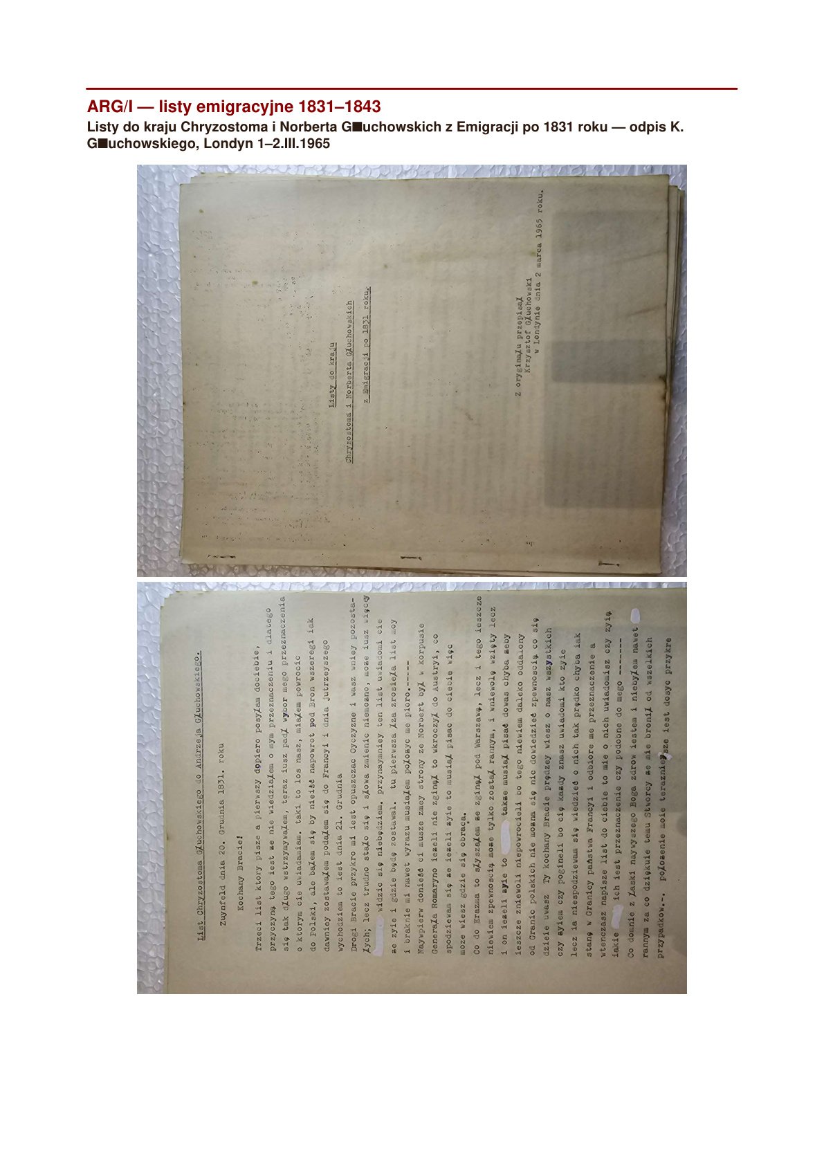 Zestaw 4 listów emigracyjnych Chryzostoma i Norberta Głuchowskich 1831-1843 — odpis Krzysztofa Głuchowskiego Londyn 1965 (master file)