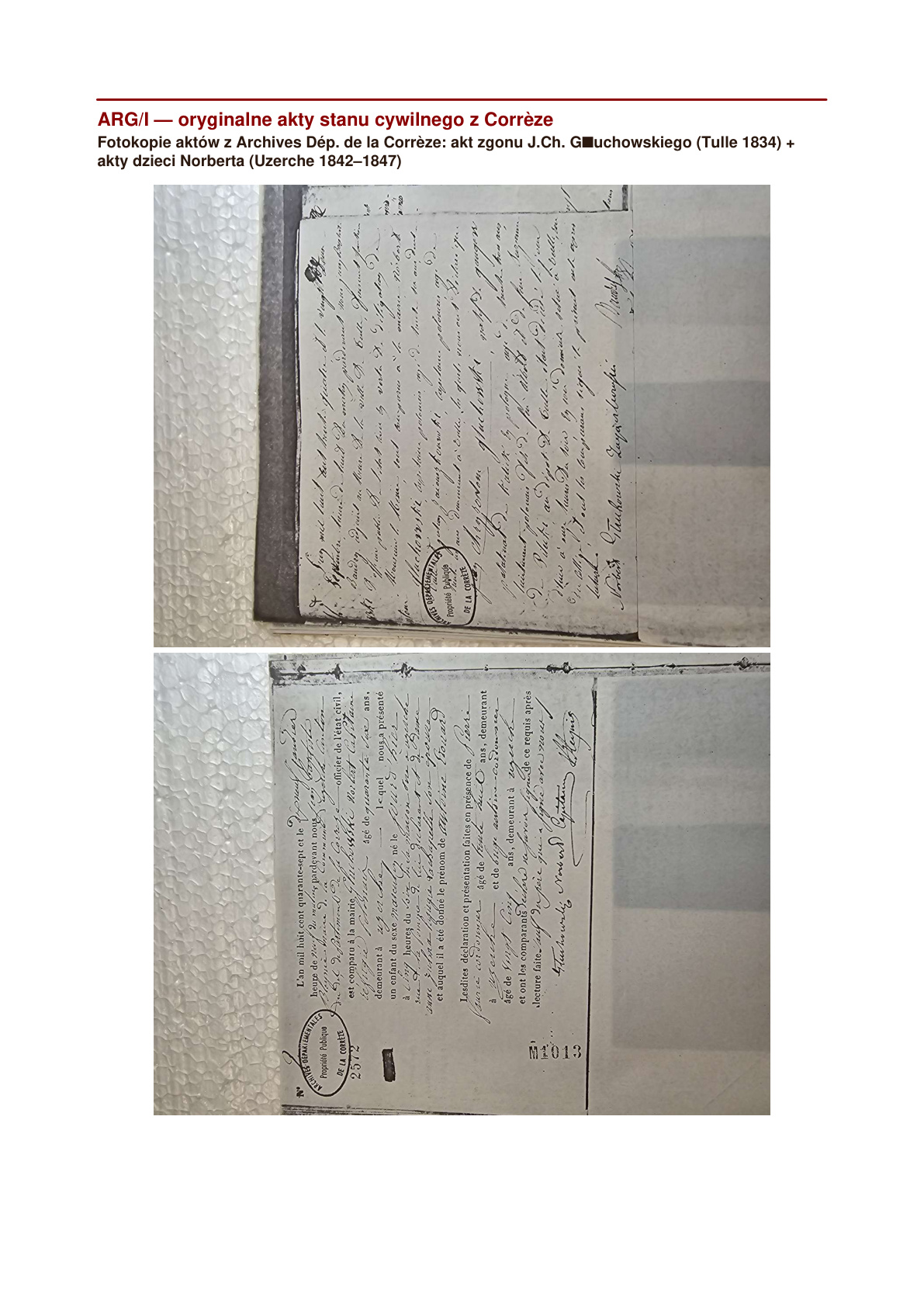 Zestaw 4 aktów stanu cywilnego Corrèze: zgon Chryzostoma Tulle 1834 + akty dzieci Norberta Uzerche 1842-1847 (master)
