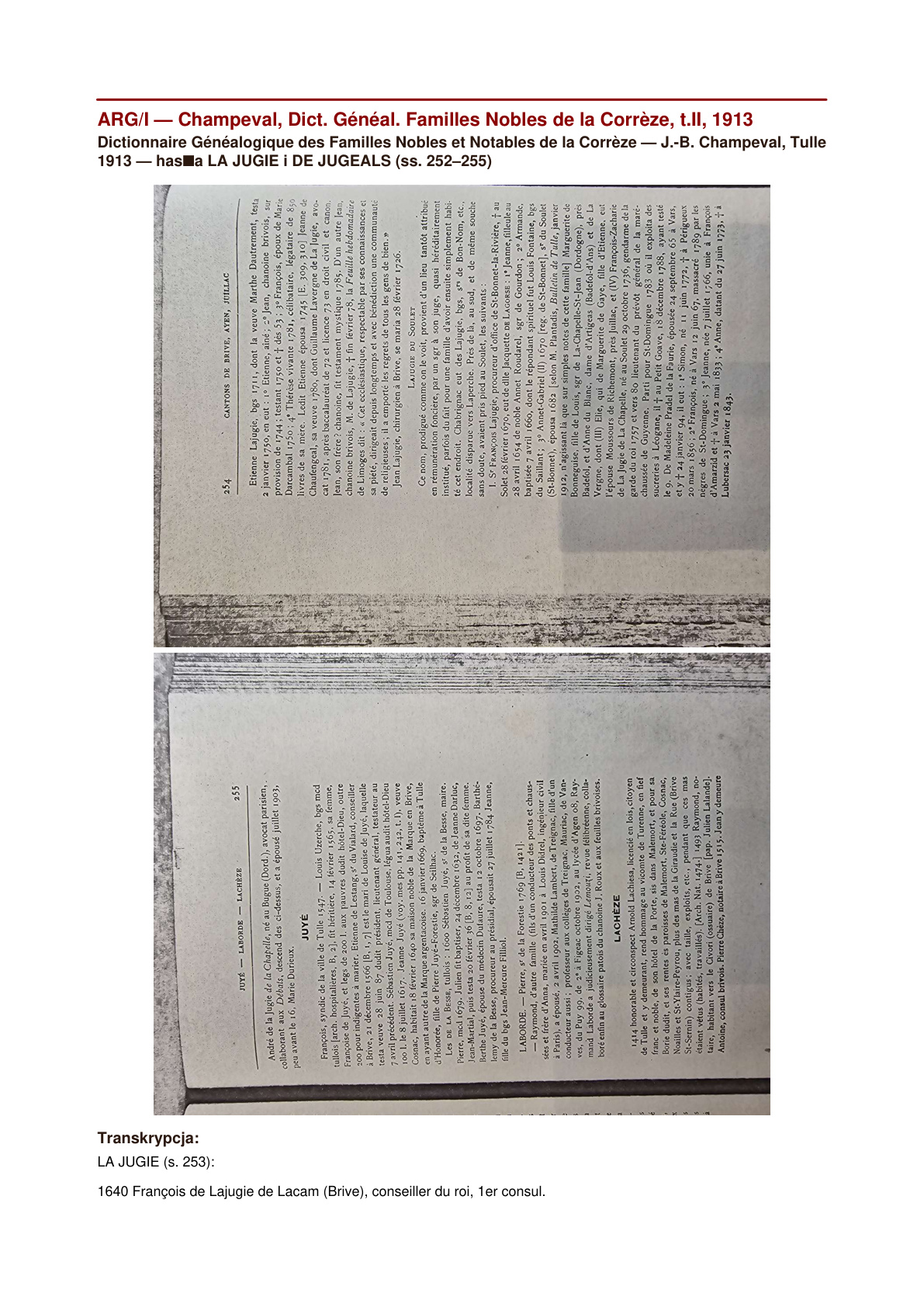 Champeval 'Dictionnaire généalogique des familles nobles et notables de la Corrèze' t.II 1913 — Lajugie ss.252-255