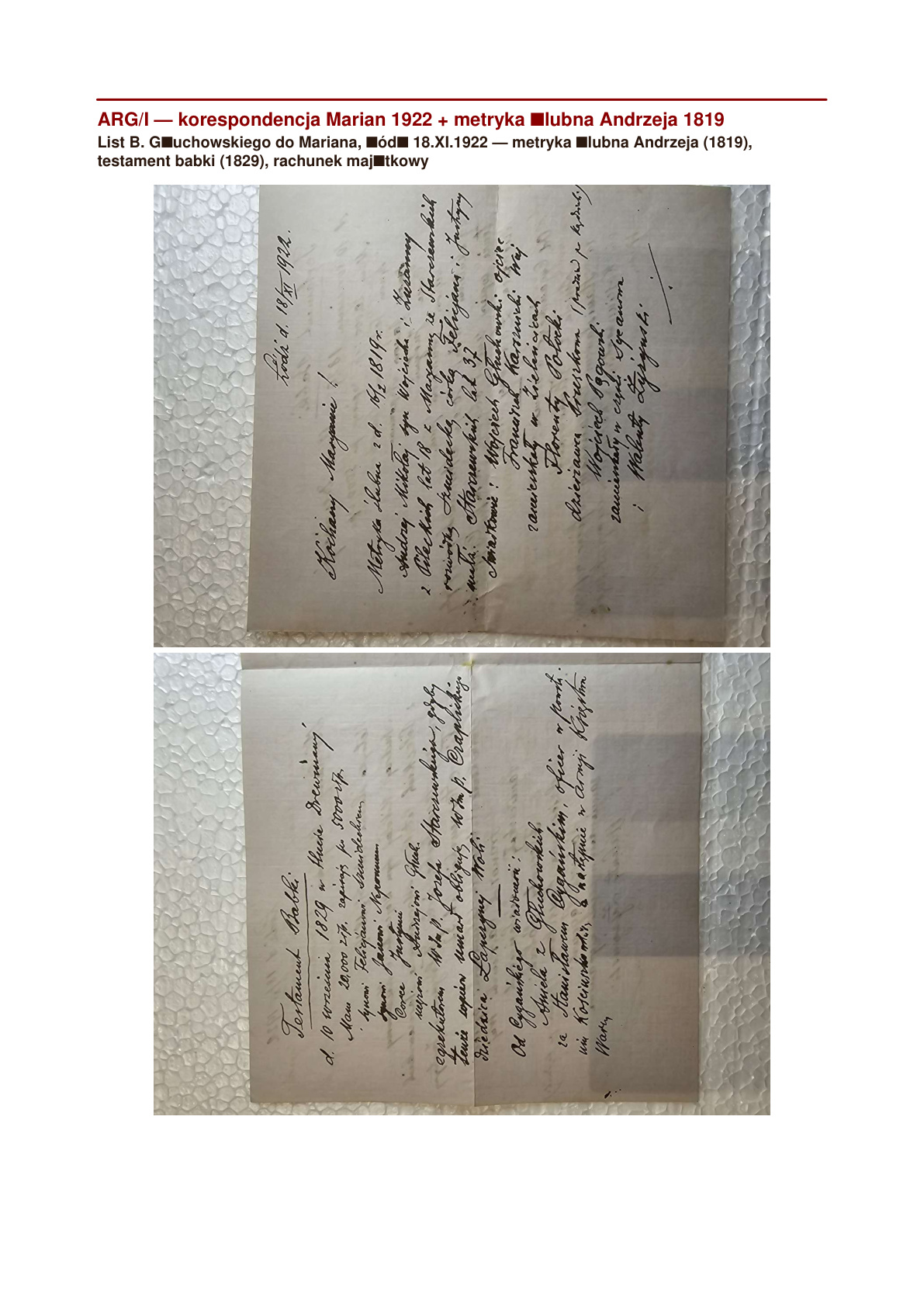 Zestaw: list Bronisława do Mariana 18.XI.1922 + metryka ślubna Andrzeja 1819 + testament babki 1829 + rachunek (master)