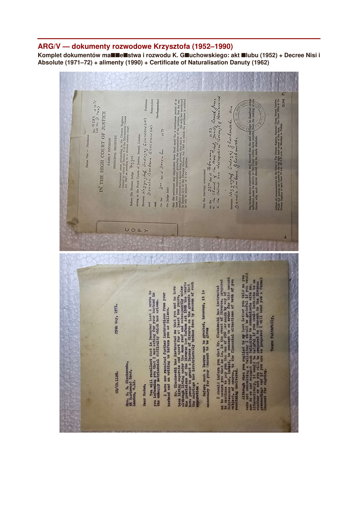 Decree Nisi nr 10382/1971 — Głuchowski v. Głuchowski (I etap rozwodu), 2.XII.1971