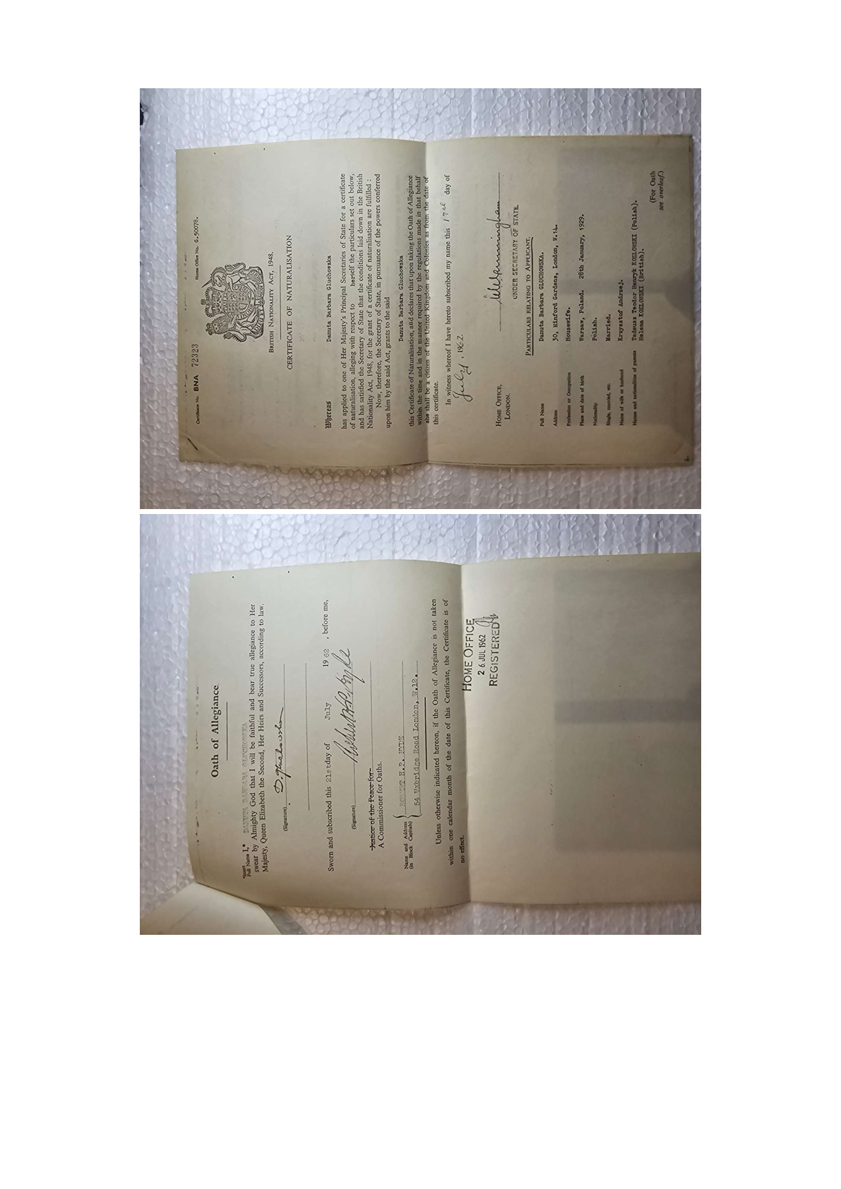Certificate of Naturalisation Danuty Głuchowskiej (BNA 72323), Londyn 26.VII.1962