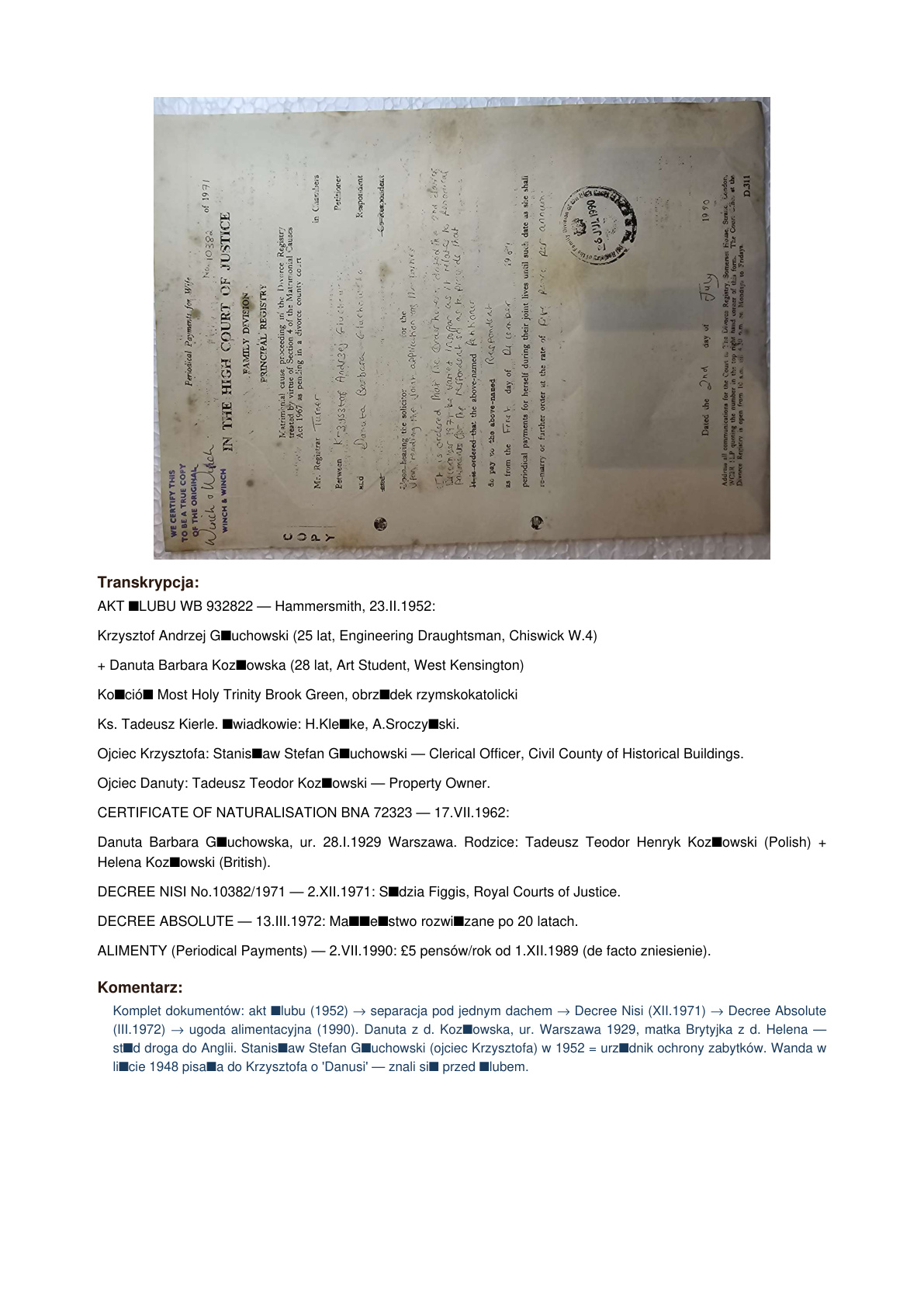 Ugoda alimentacyjna Krzysztof–Danuta: Periodical Payments 5 GBP/rok, 2.VII.1990
