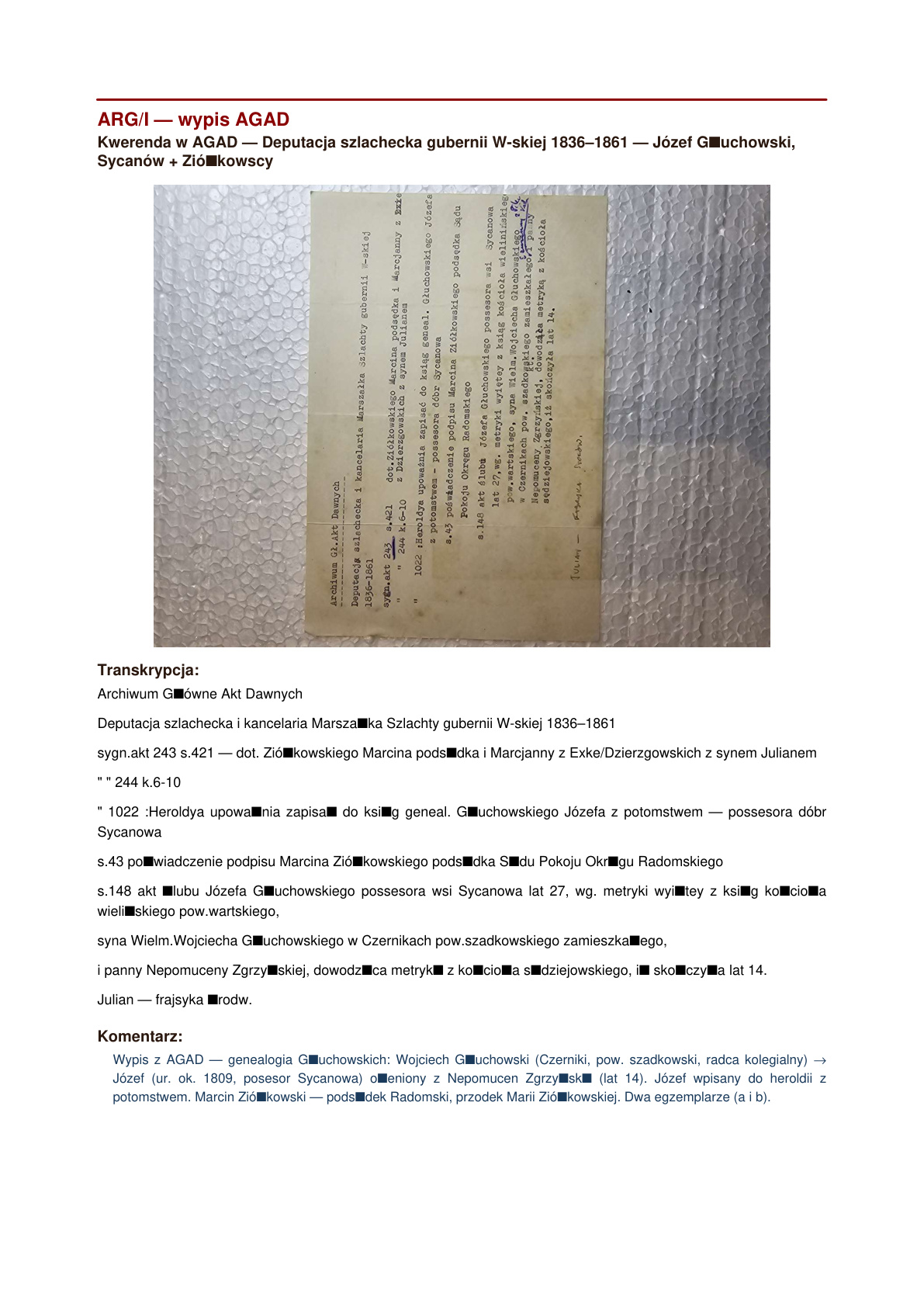 Wypis AGAD — Deputacja szlachecka Warszawska: Głuchowscy h. Prus II + Ziółkowscy h. Korczak (kwerenda lata 1960-te?)