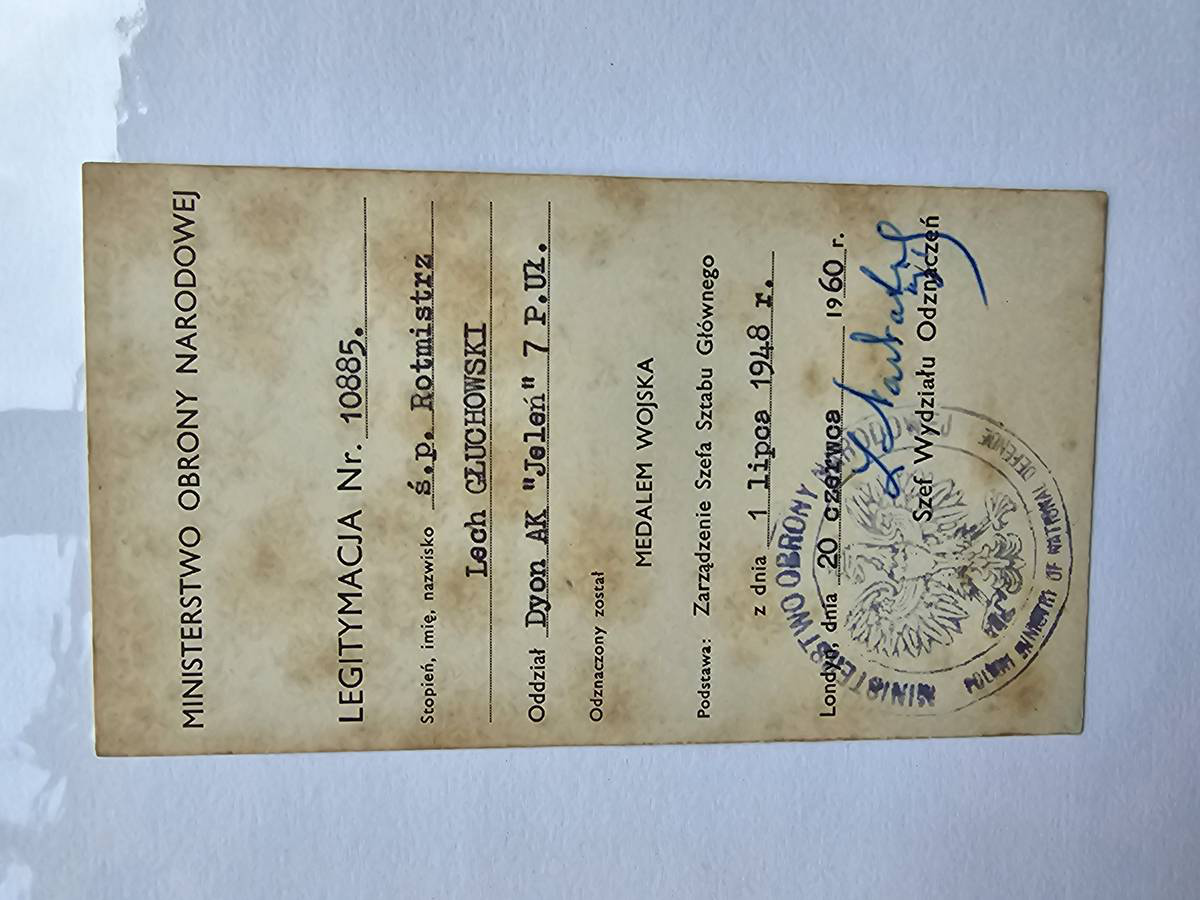 Legitymacja Medal Wojska Nr 10885 – Śp. Rotmistrz Lech Głuchowski, Dyon AK 'Jeleń' 7 P.Uł. – Londyn 20 VI 1960