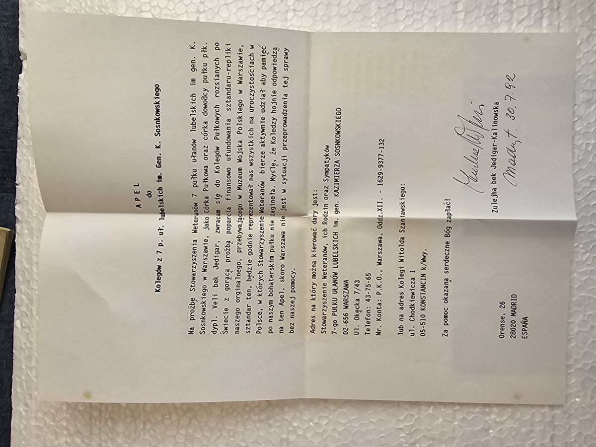 ★★★★ List Zulejhy bek Jedigar-Kalinowskiej → Krzysztof, Madryt 30.VII.1992 — córka płk. Veli bek Jedigara, d-cy 7 P.Uł. AK