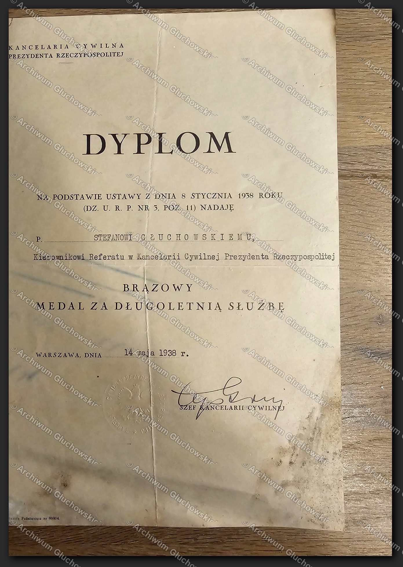 Dyplom Brązowego Medalu za Długoletnią Służbę — Stefan Głuchowski, 1938