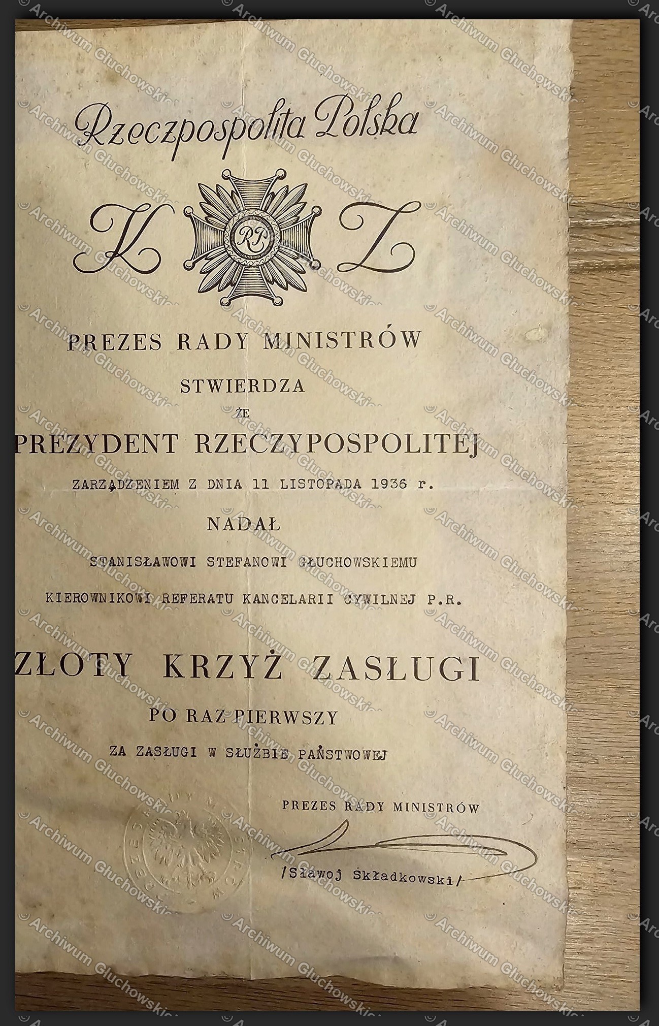 Dyplom Złotego Krzyża Zasługi — Stefan Głuchowski, 1936