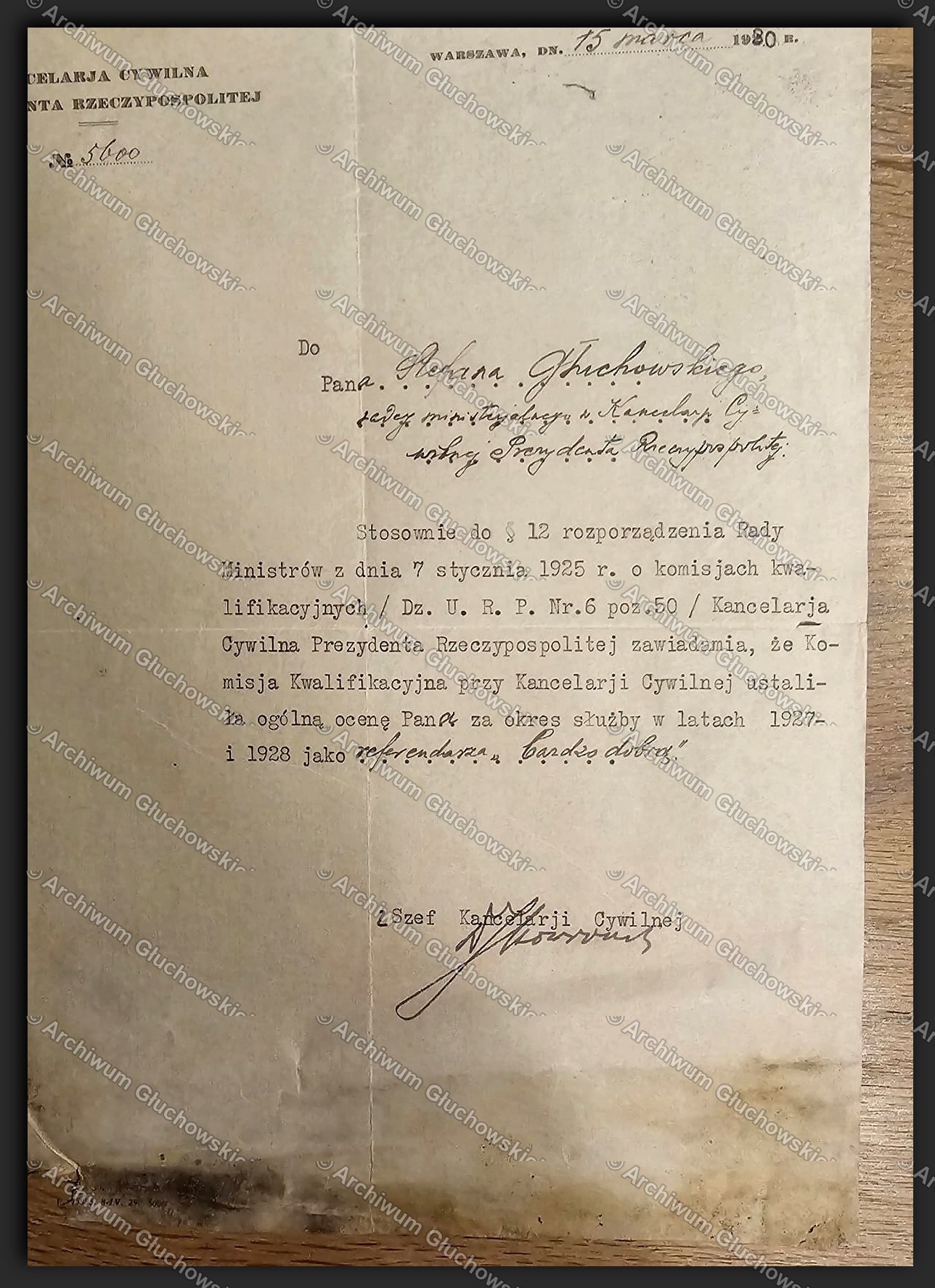 Pismo Kancelarii Cywilnej Prezydenta RP do Stefana Głuchowskiego, Kierownika Referatu — sprawa kwalifikacyjna, ok. 1930
