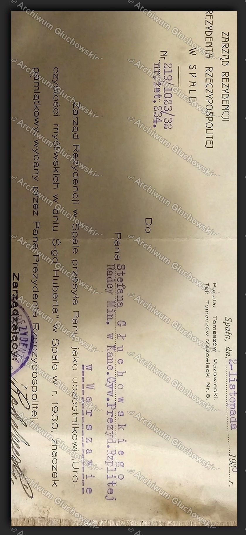 Pismo z Rezydencji Prezydenckiej w Spale — znaczek myśliwski za uczestnictwo 1930