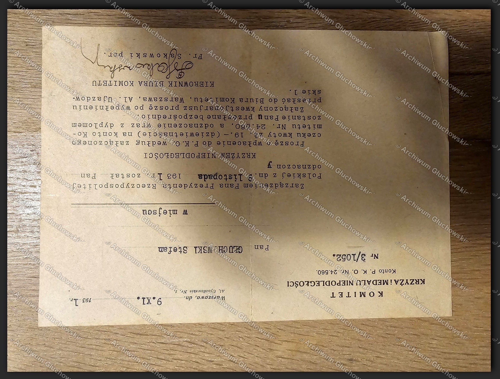 Zawiadomienie o nadaniu Krzyża Niepodległości — Stefan Głuchowski, 9.XI.1931