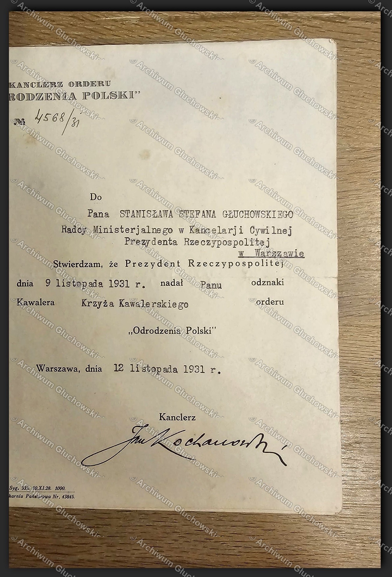 Zawiadomienie o nadaniu Kawalerskiego Krzyża Orderu Odrodzenia Polski — Stefan Głuchowski, 12.XI.1931, podpis Kanclerza Jana Karola Kochanowskiego