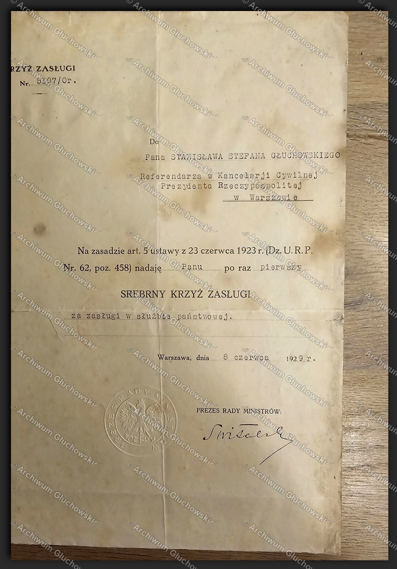 Dyplom Srebrnego Krzyża Zasługi — Stanisław Stefan Głuchowski, 8.VI.1929, podpis premiera Kazimierza Świtalskiego