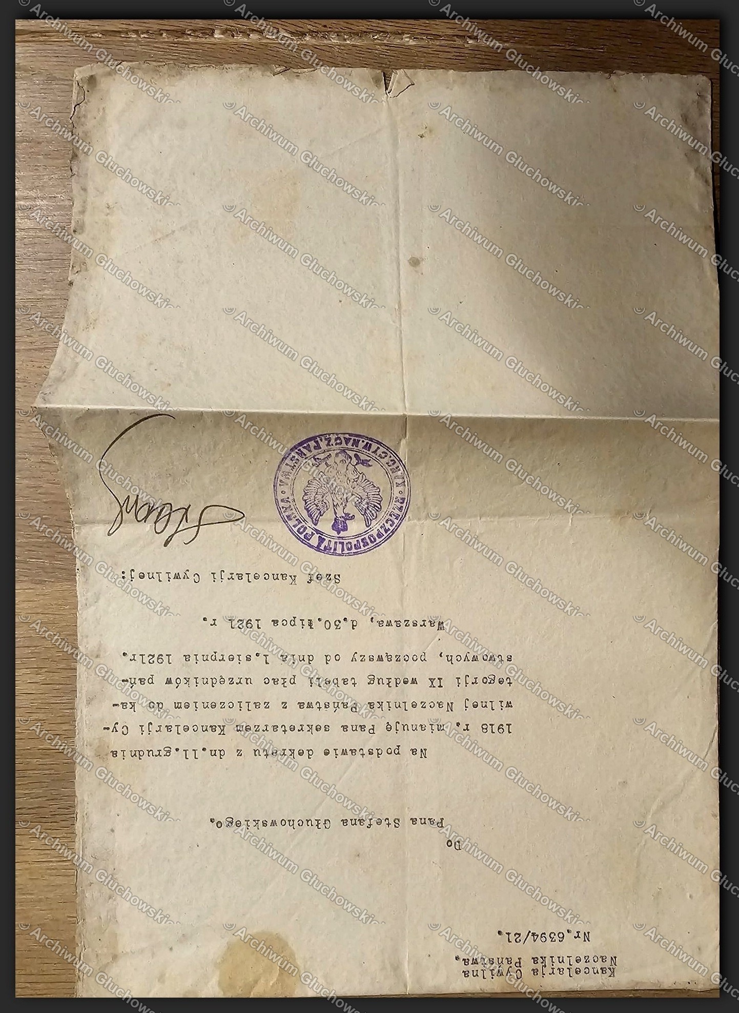 Mianowanie Sekretarzem Kancelarji Cywilnej Naczelnika Państwa — Stefan Głuchowski, 30.VII.1921, podpis Stanisława Cara