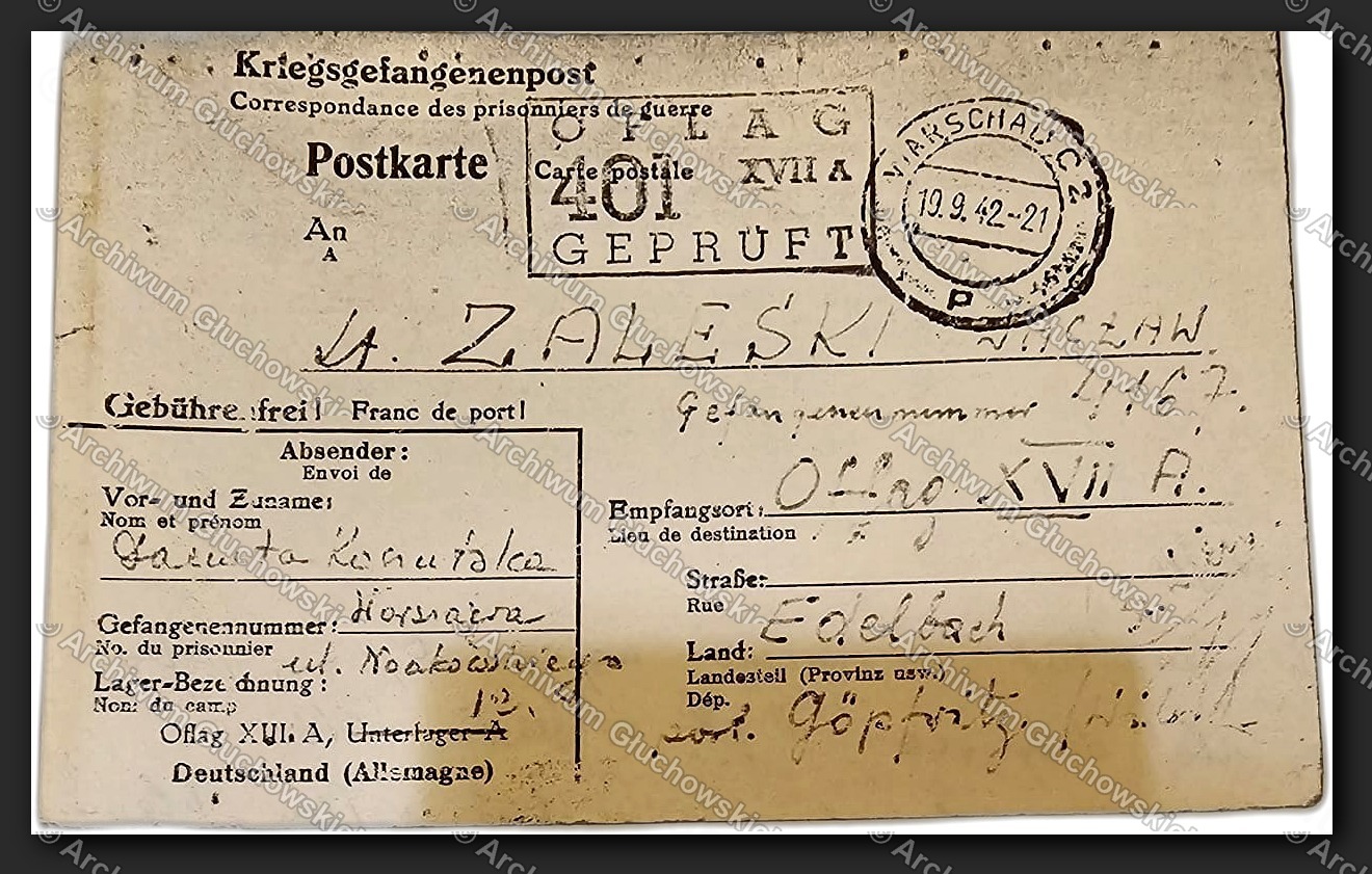 Kriegsgefangenenpost — pocztówka jeniecka z Oflagu XVII A, ppor. Stefan Głuchowski