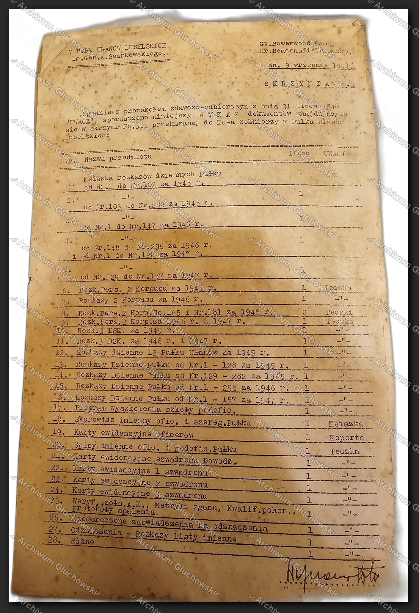 Certyfikat inwentarzowy 7 Pułku Ułanów Lubelskich — spis wyposażenia i dokumentów, 8.IX.1946