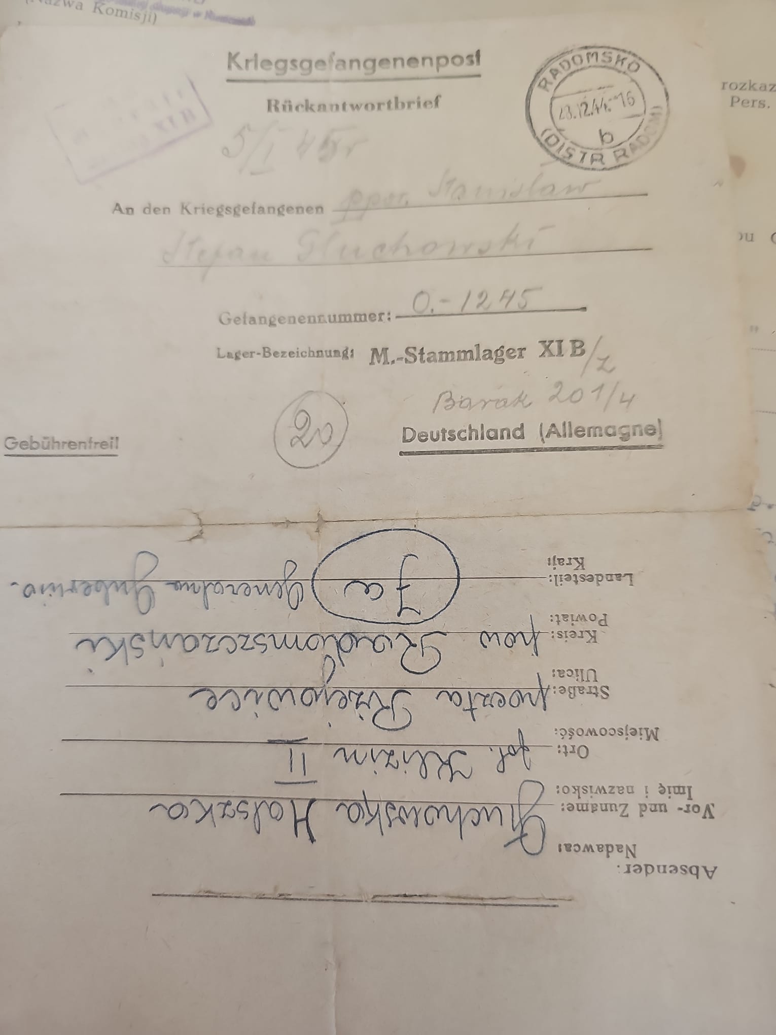 Kriegsgefangenenpost — Rückantwortbrief do ppor. Stanisława Stefana Głuchowskiego, Stammlager XI B