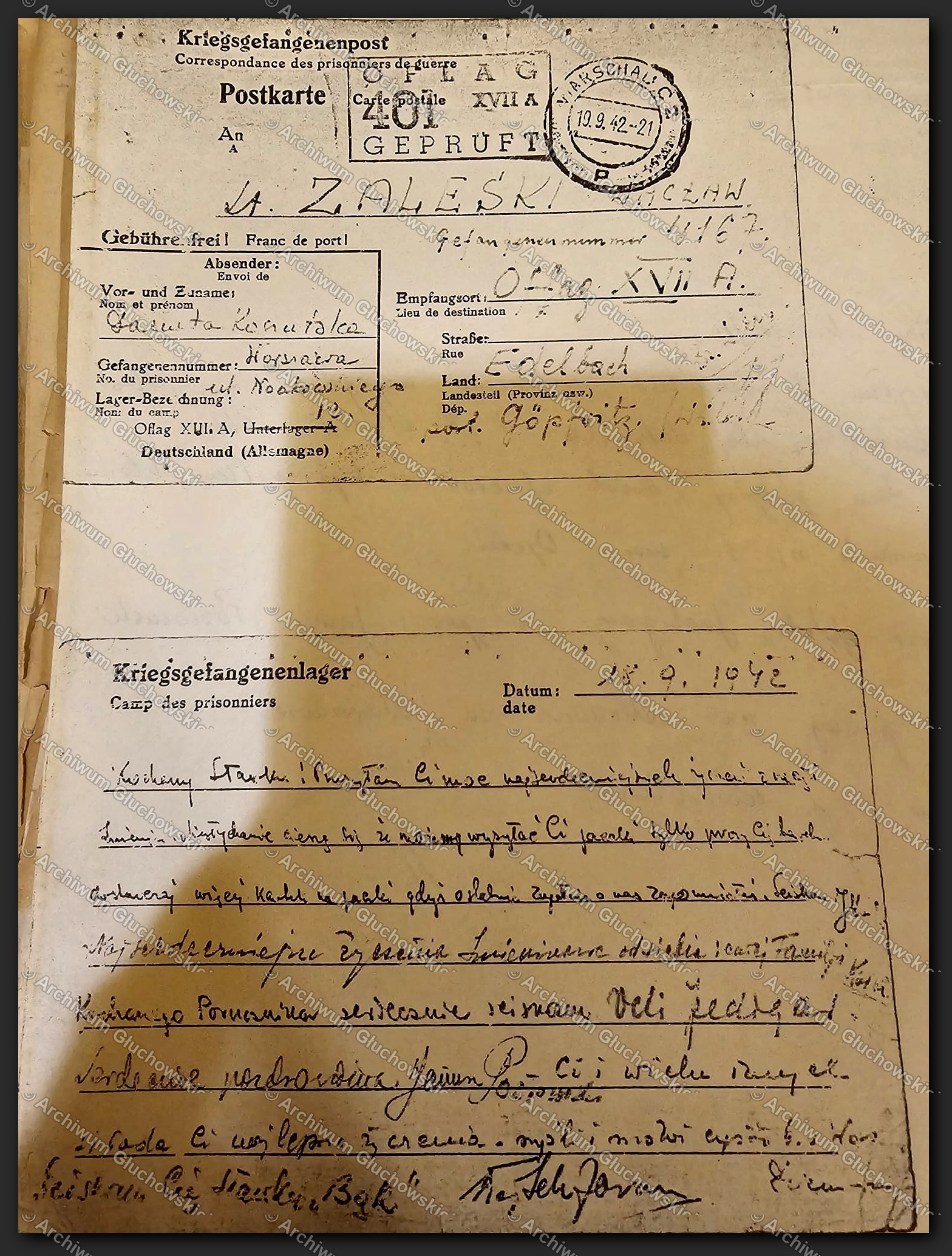 Kriegsgefangenenpost — Postkarte z Oflagu XVII A do A. Zaleskiego, dat. 15.IX.1942