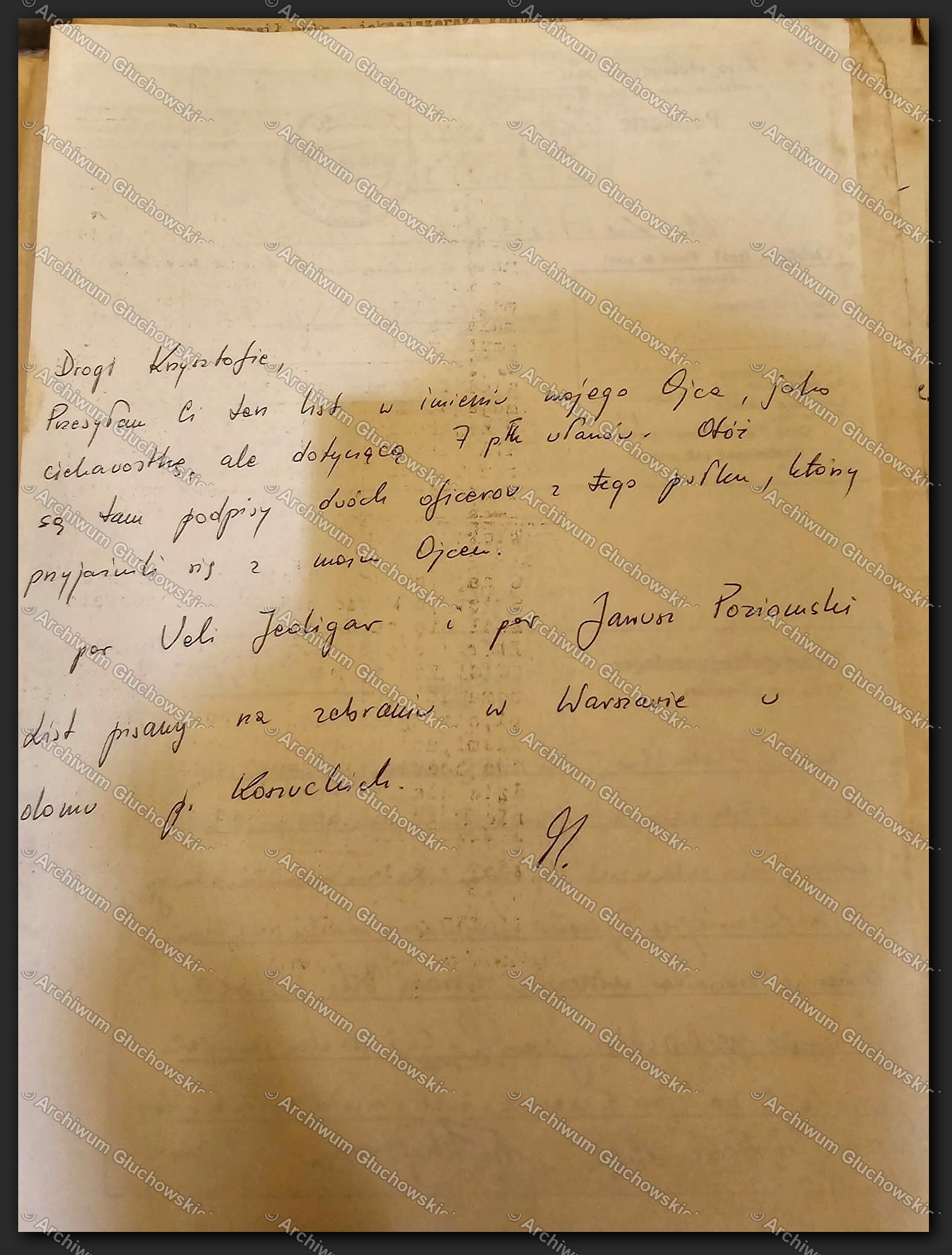 List od 'M.' do Krzysztofa — podpisy por. Jocligara i por. Poźniowskiego z 7 p.ul.