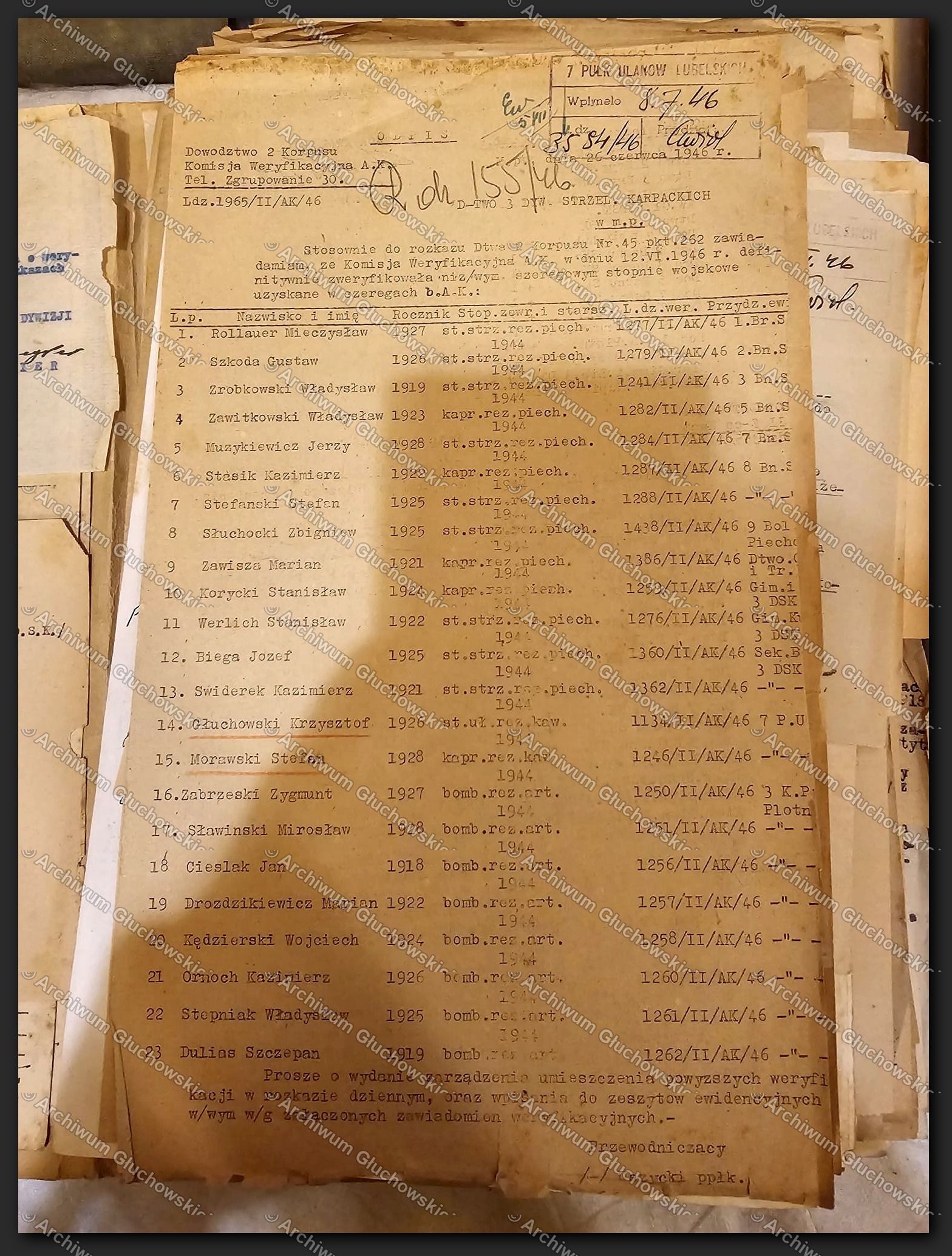 Lista personalna żołnierzy 7 p.ul. — komisja, lipiec 1946