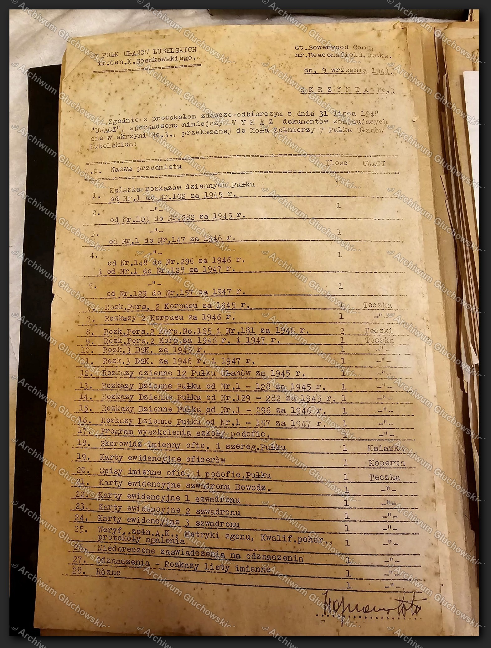 Certyfikat przekazania dokumentów 7 P.U.L. do Bazy Likwidacyjnej — Henstedt, 1.IX.1945