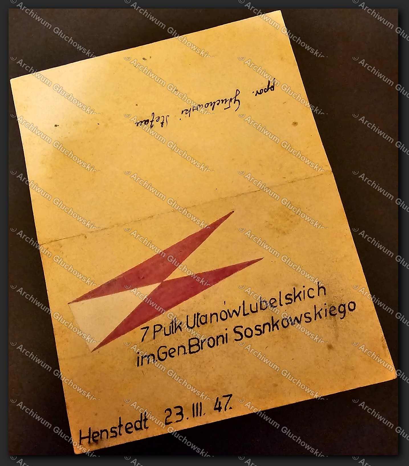 Karta pamiątkowa 7 P.U.L. im. Gen. Broni Sosnkowskiego — Henstedt 23.III.1947 (egzemplarz ppor. Krzysztofa)