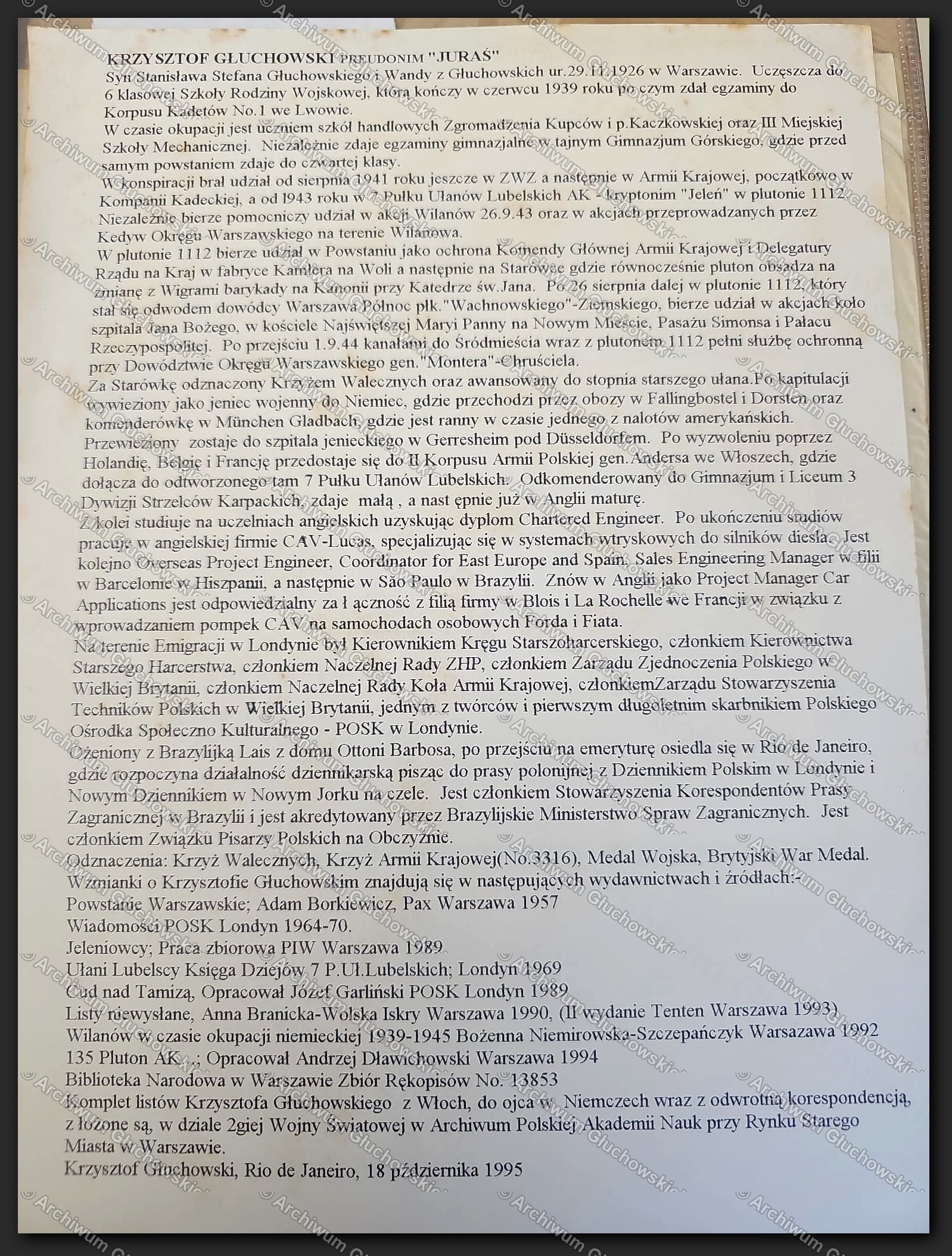 Biogram Krzysztofa Głuchowskiego ps. 'Juraś' — autobiografia maszynopisowa, Rio de Janeiro 18.X.1995