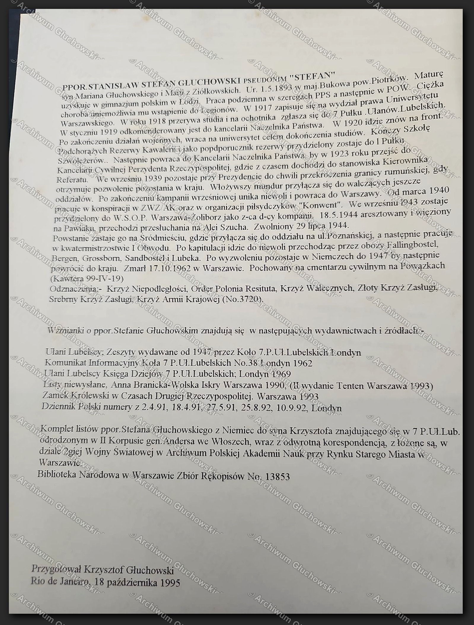 Biogram ppor. Stanisława Stefana Głuchowskiego ps. 'Stefan' — maszynopis Krzysztofa, Rio de Janeiro 18.X.1995